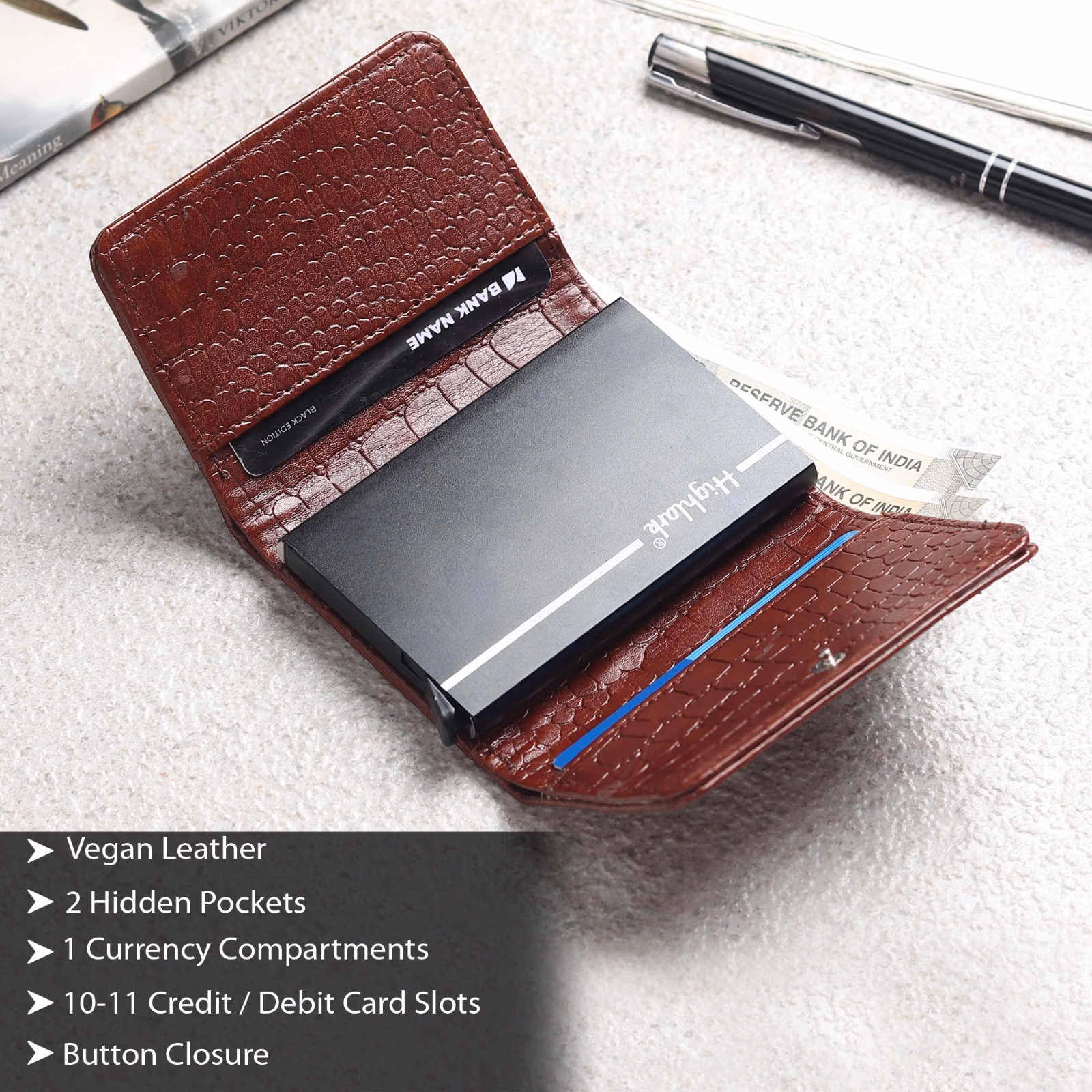 Highlark Premium Croco Leather Card Holder for Men | Pop-Up Aluminium Wallet | RFID Protected | Holds Up to 10 Cards 3