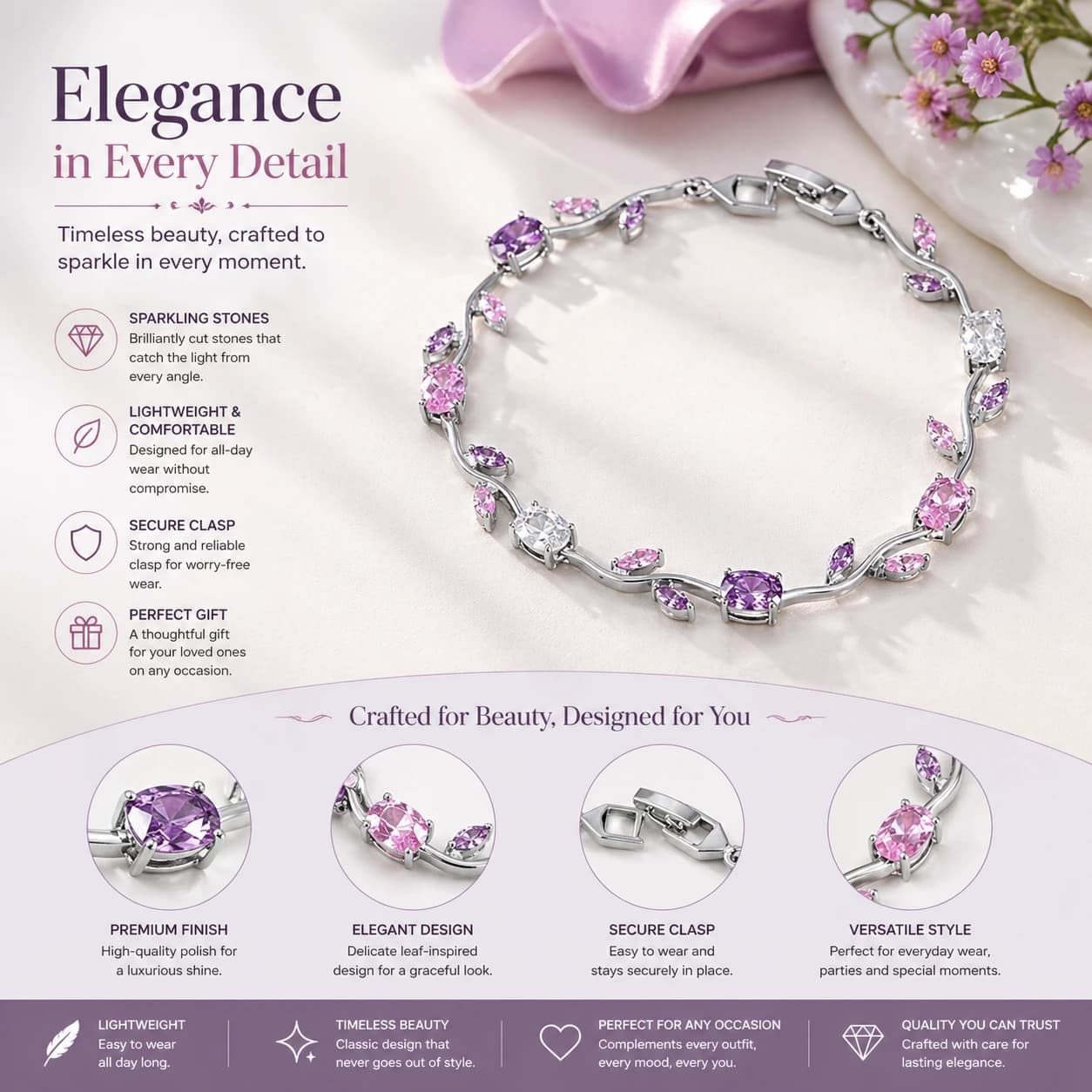 Crystallix Fashion Bracelet for Women | Premium Floral Bracelet | Lightweight & Skin-Friendly | Elegant Jewelry Gift for Women & Girls 5