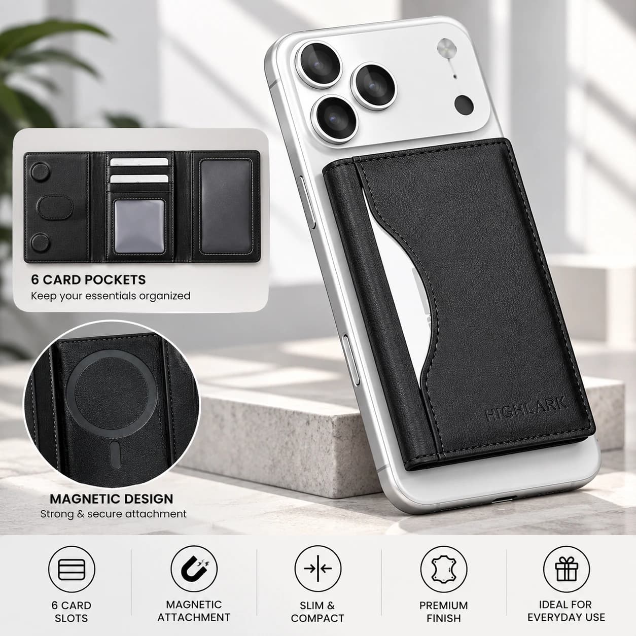 Highlark Magnetic Phone Card Holder Wallet for Men & Women | 6 Card Slots | Slim Premium Black Wallet 5