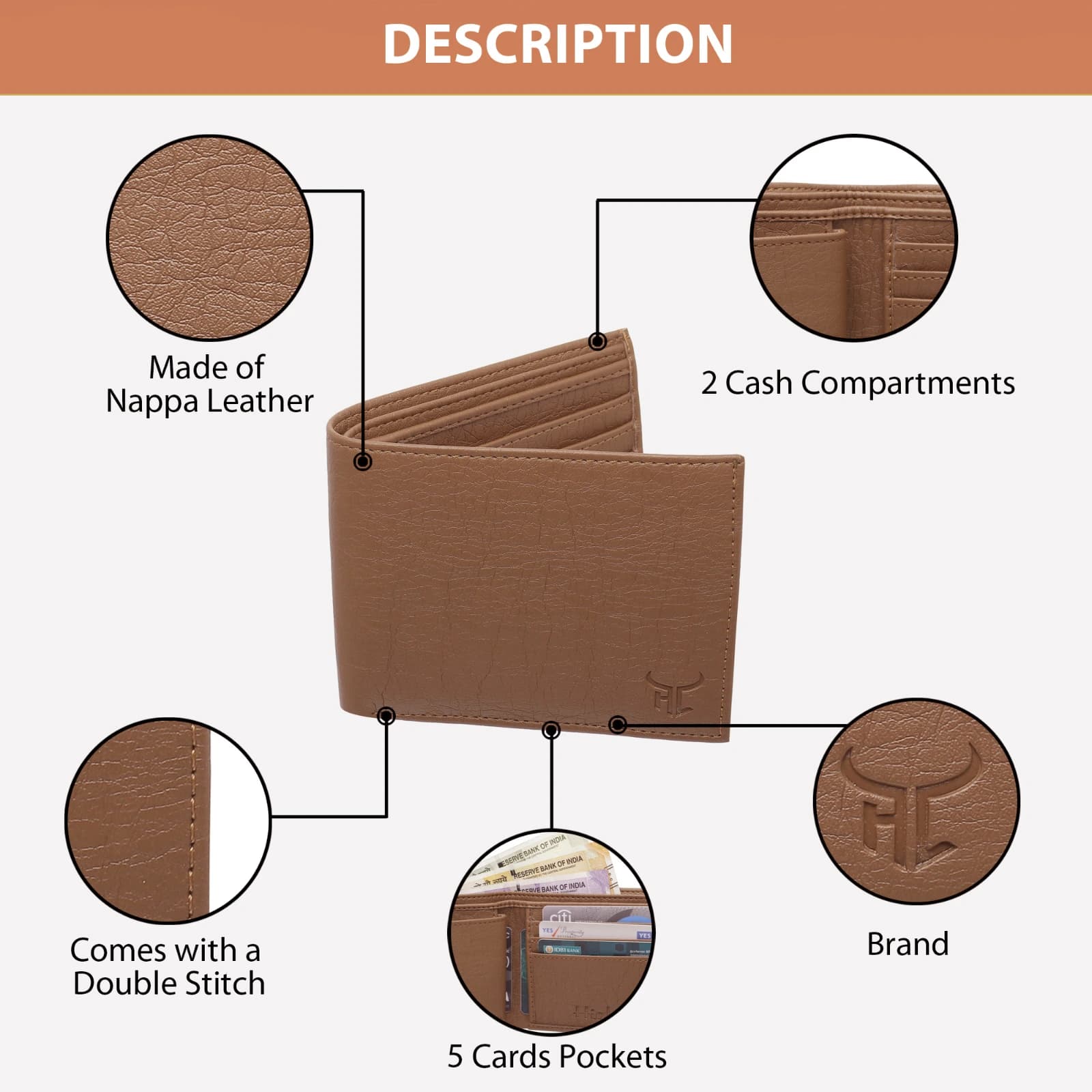 Highlark Classic Textured Bi-Fold Leather Wallet – Tan Brown 3