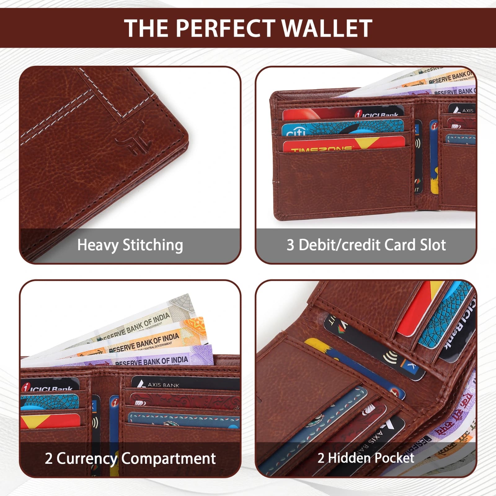 Highlark Classic Cognac Brown Leather Pocket Wallet – Contrast Stripe 3