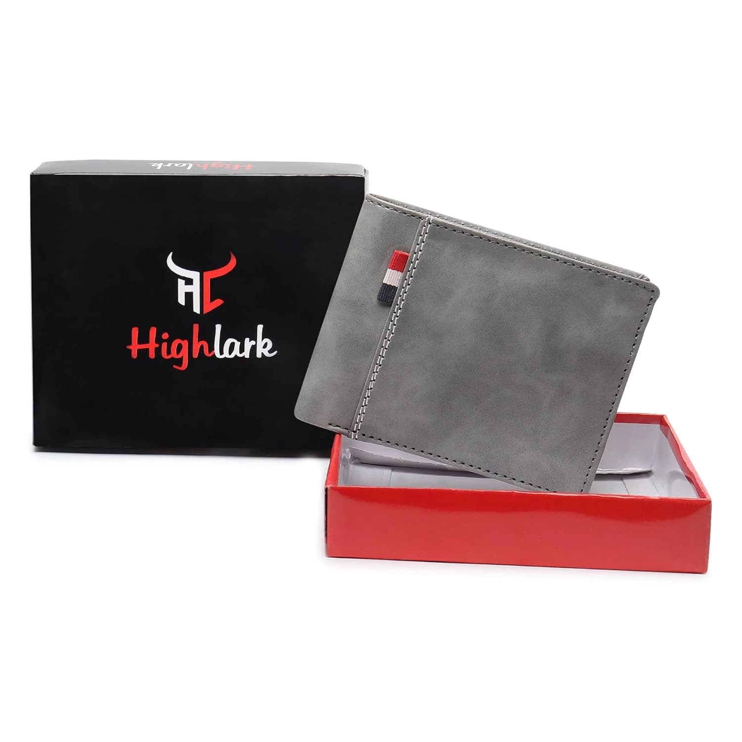 Highlark Slate Grey Leather Bi-Fold Pocket Wallet – Striped Ribbon Detail 1