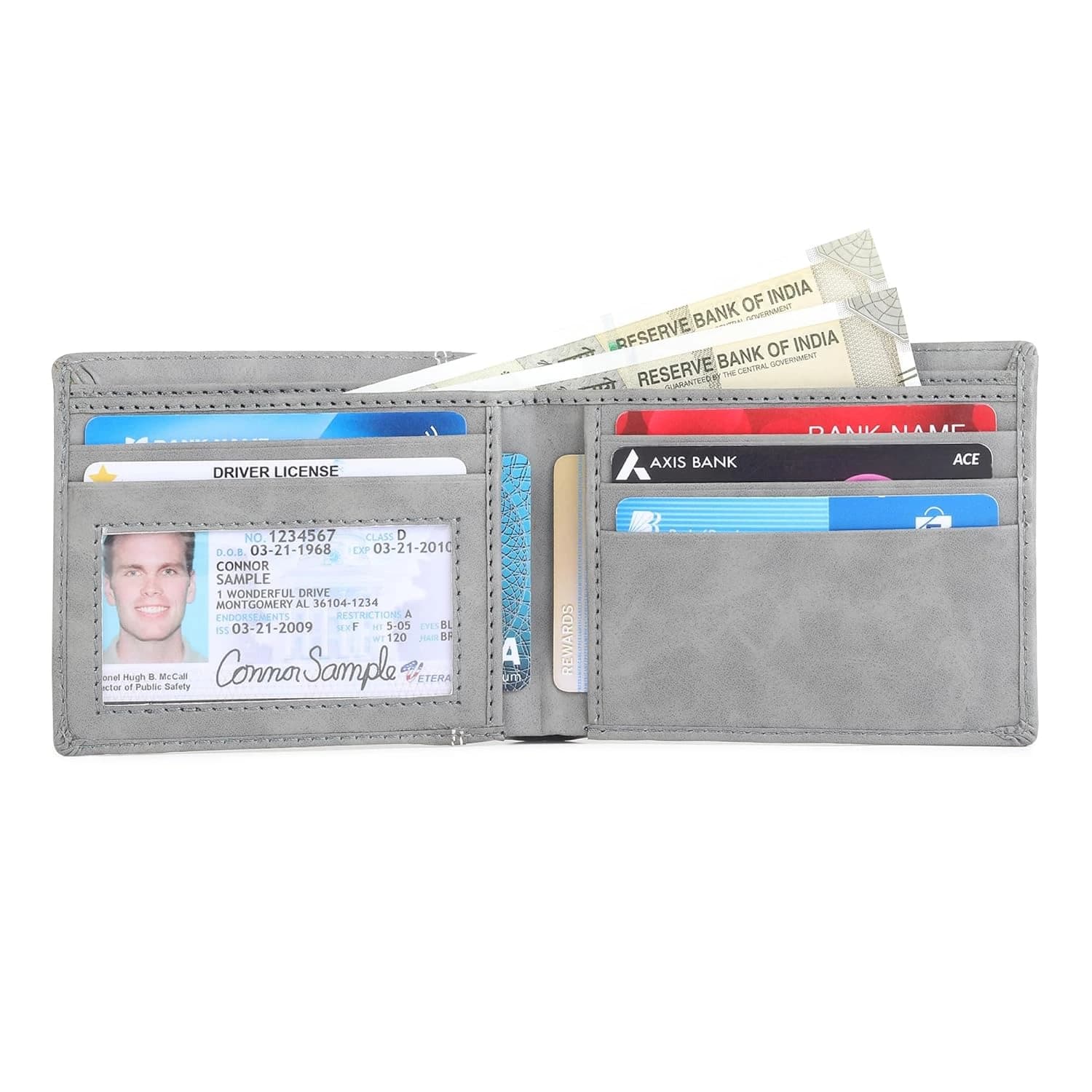 Highlark Slate Grey Leather Bi-Fold Pocket Wallet – Striped Ribbon Detail 6
