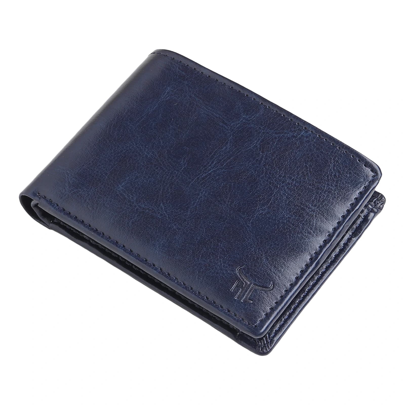 Highlark Men's Slim Textured Blue Leather Bi-Fold Wallet – Scratch-Resistant Pocket Card and Cash Holder with Embossed Logo 3