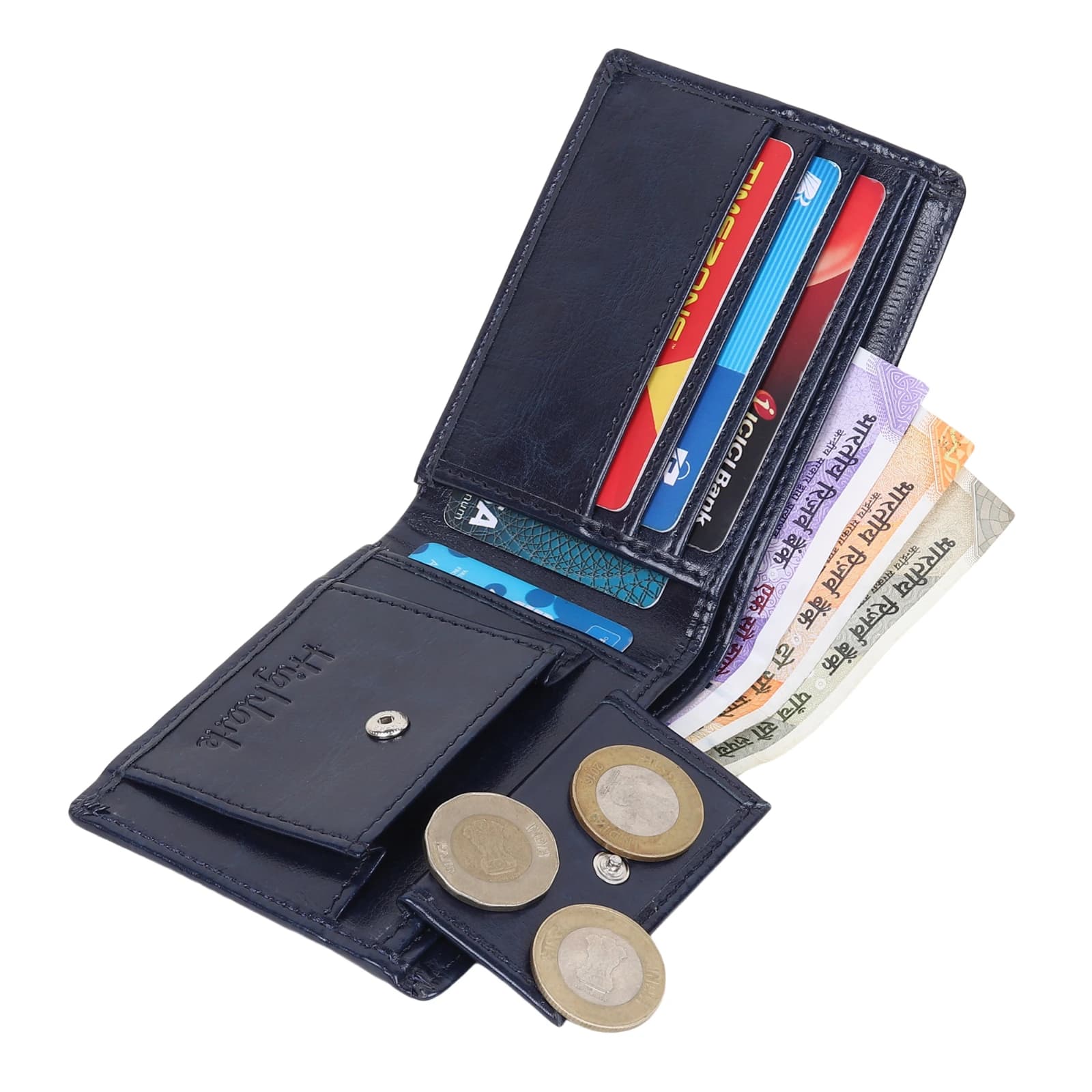 Highlark Men's Slim Textured Blue Leather Bi-Fold Wallet – Scratch-Resistant Pocket Card and Cash Holder with Embossed Logo 5