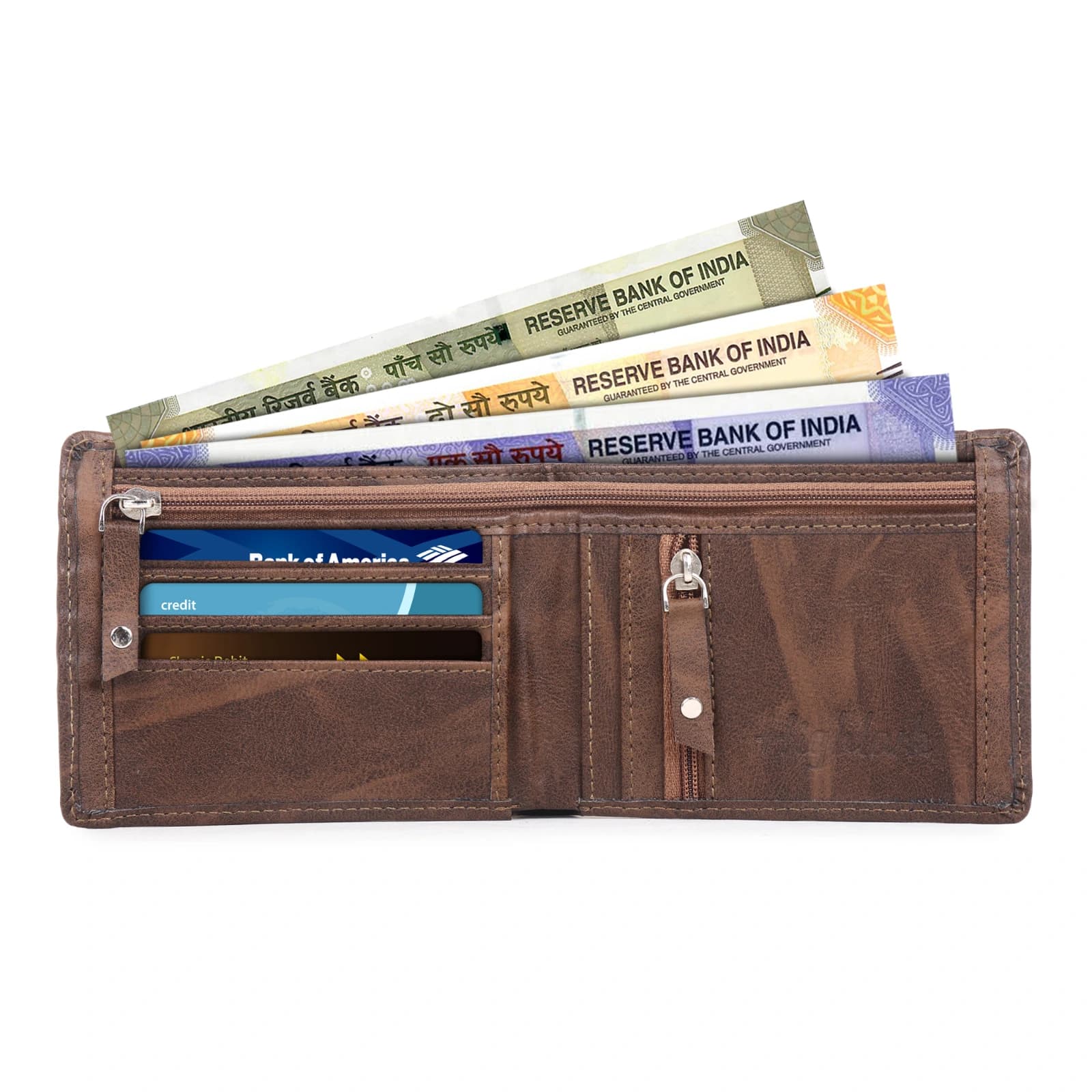 Highlark Men's Slim Textured Brown Bi-Fold Wallet – Interior Zipper Coin Pocket and Cash Card Organizer 3