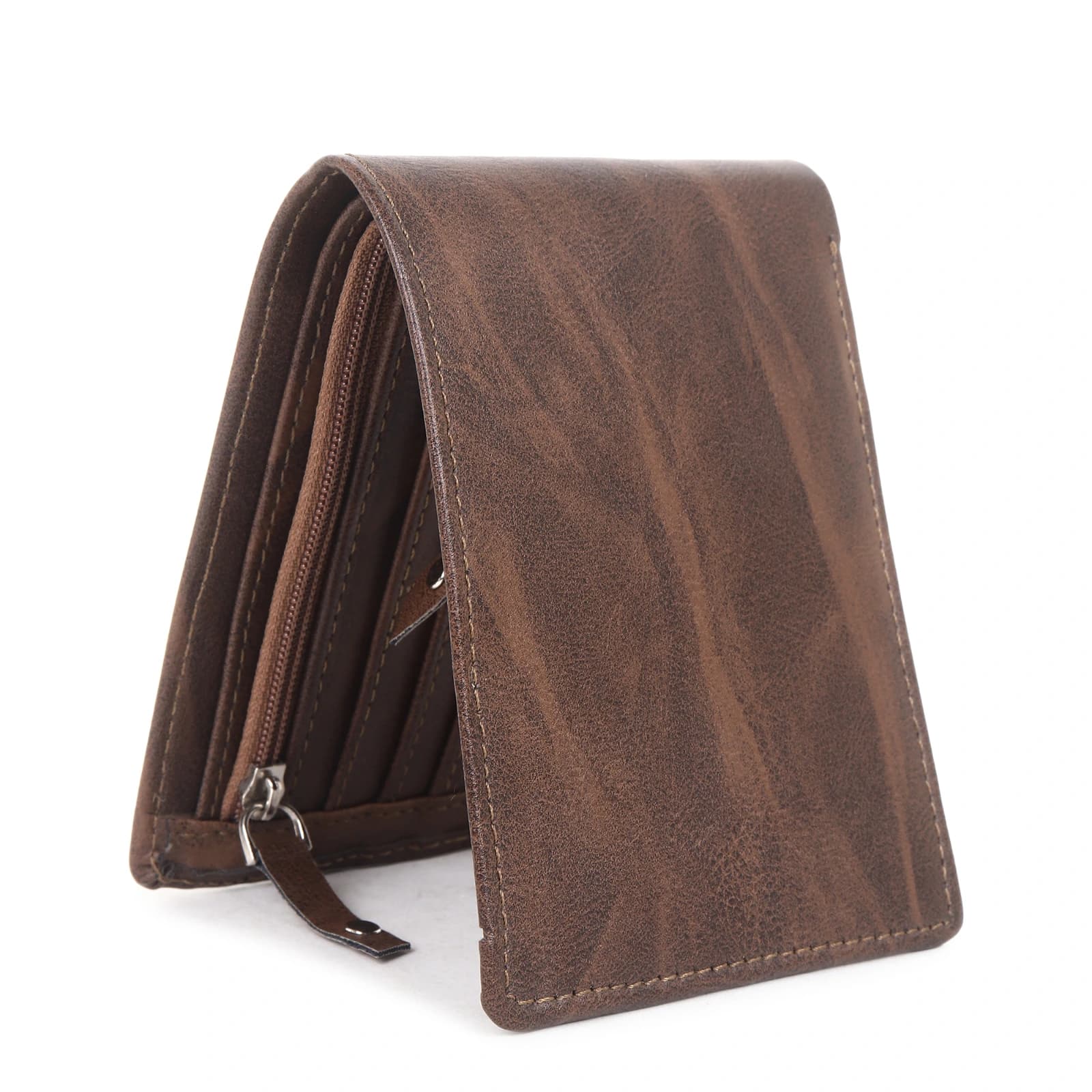Highlark Men's Slim Textured Brown Bi-Fold Wallet – Interior Zipper Coin Pocket and Cash Card Organizer 4
