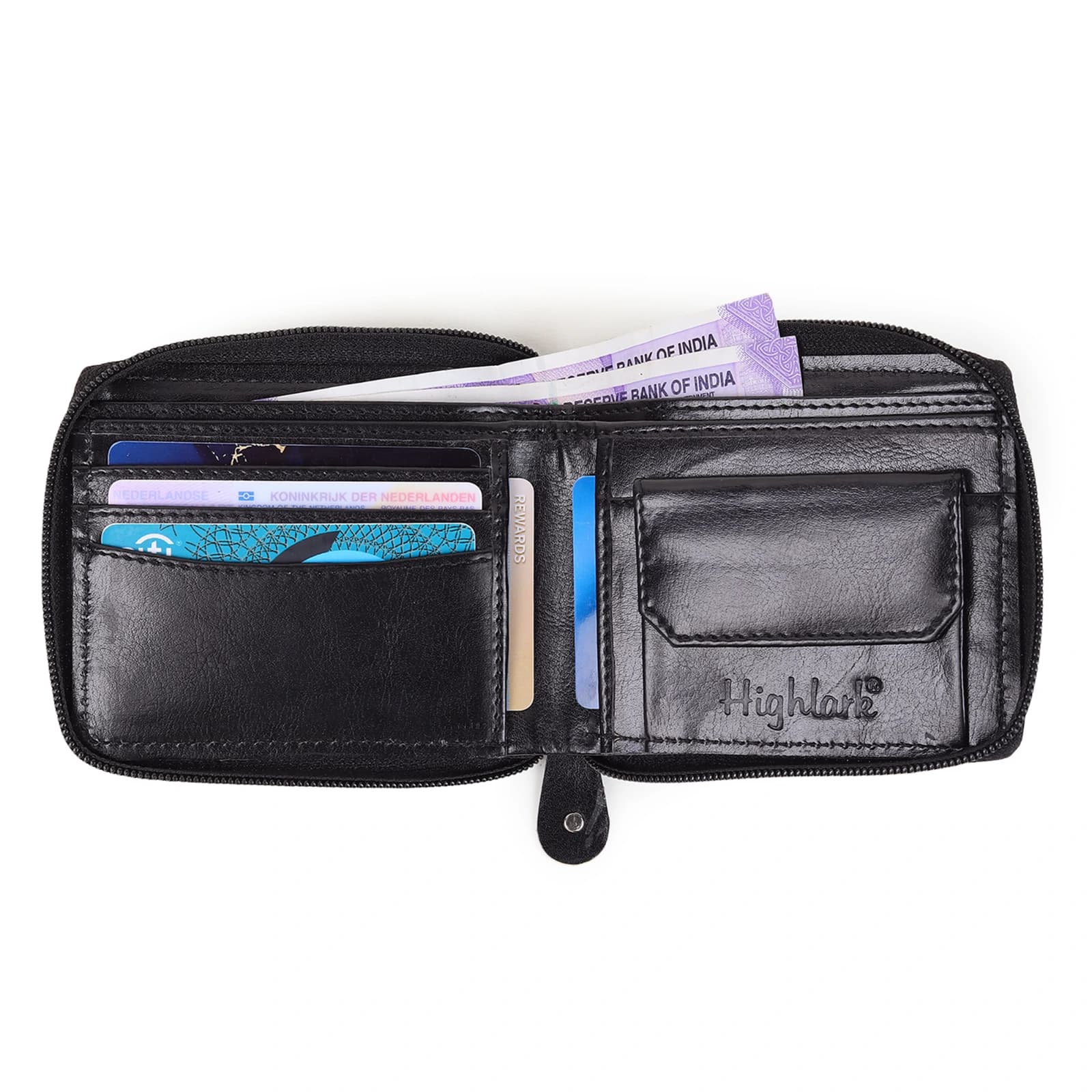 Highlark Men's Slim Zip-Around Black Leather Bi-Fold Wallet – Full Zipper Card and Cash Organizer with Embossed Logo 4