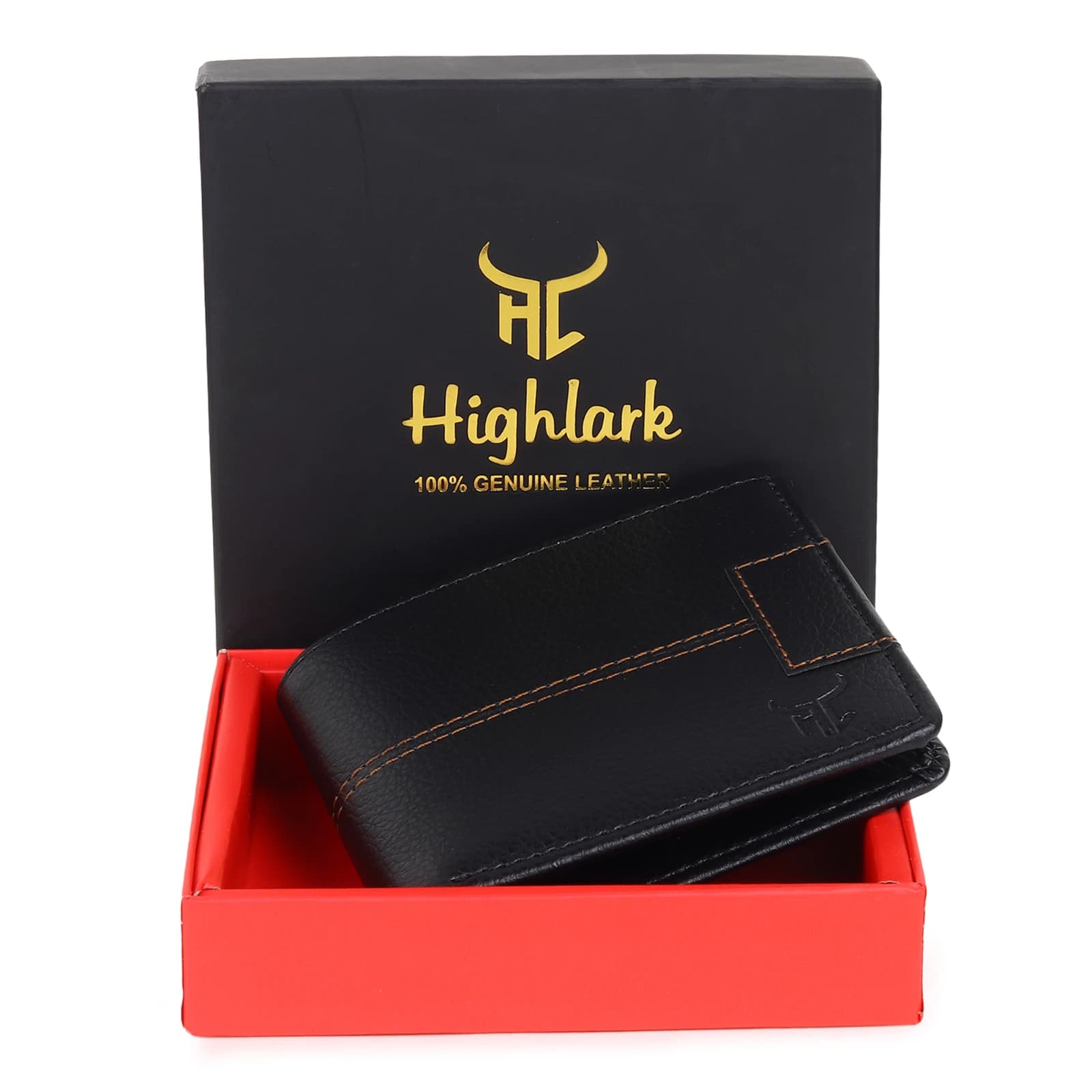 Highlark Men's Slim Textured Black Leather Bi-Fold Wallet – Double Contrast Stitching and Embossed Logo 1