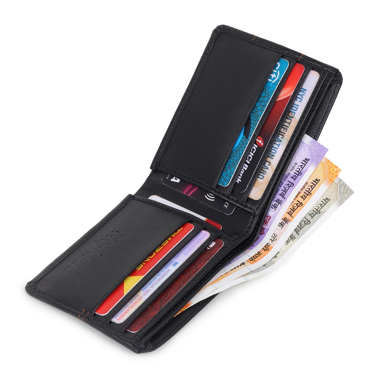 Highlark Men's Slim Textured Black Leather Bi-Fold Wallet – Double Contrast Stitching and Embossed Logo 4