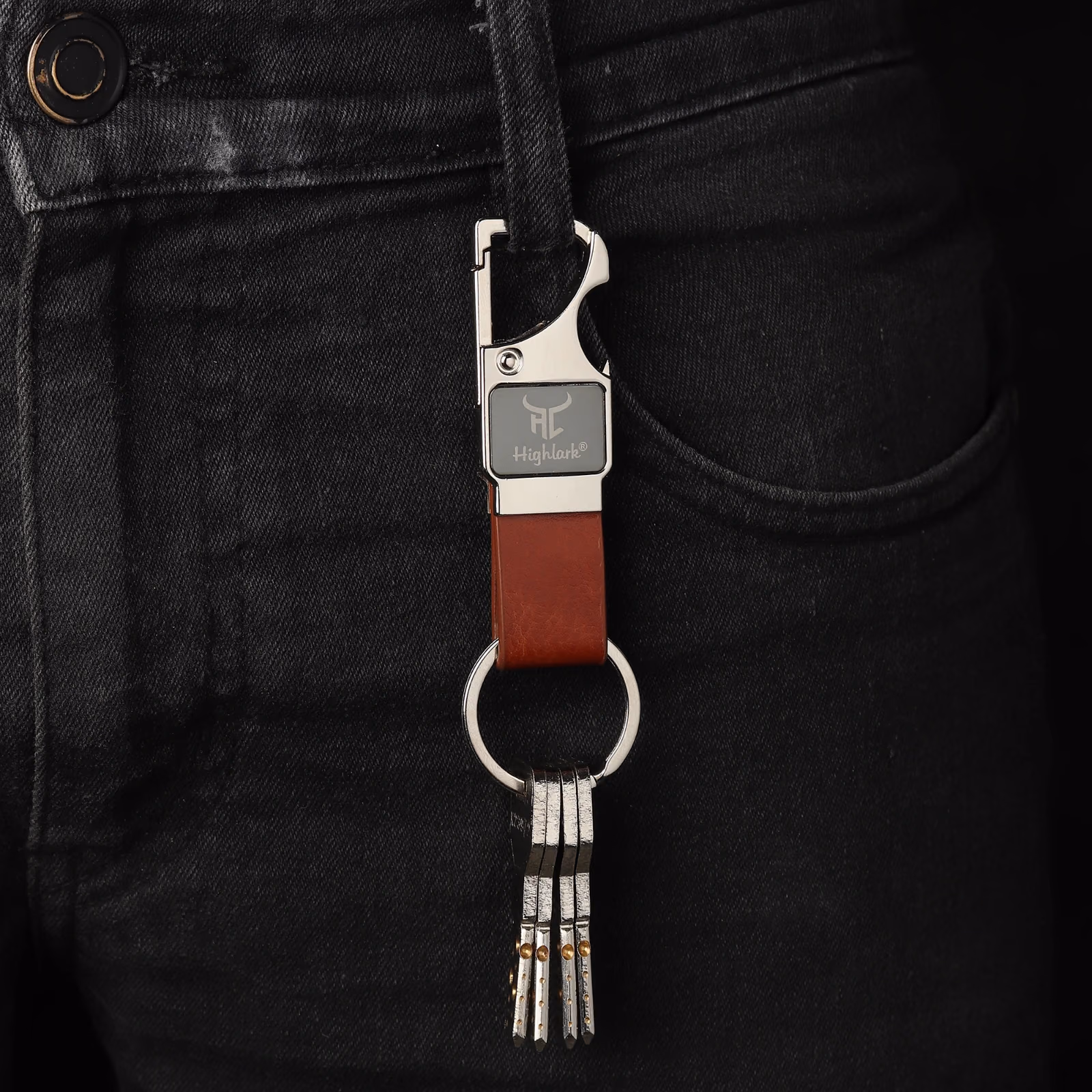 Highlark Brown Leather Multi-Function Keychain with Carabiner Clip & Bottle Opener 4