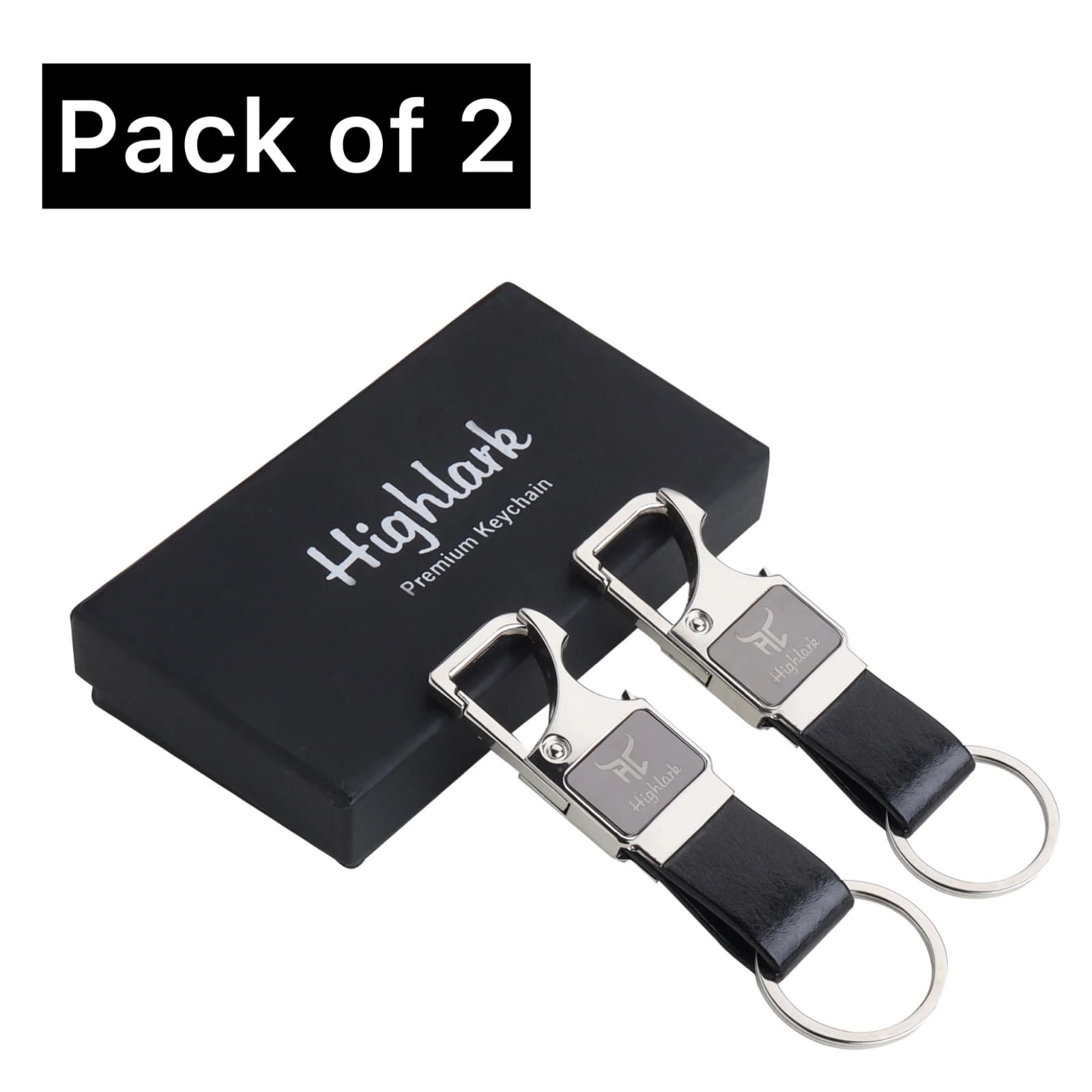 Highlark Men's Leather Keychain Combo – Pack of 2 with Bottle Opener & Gift Box (Jet Black) 1