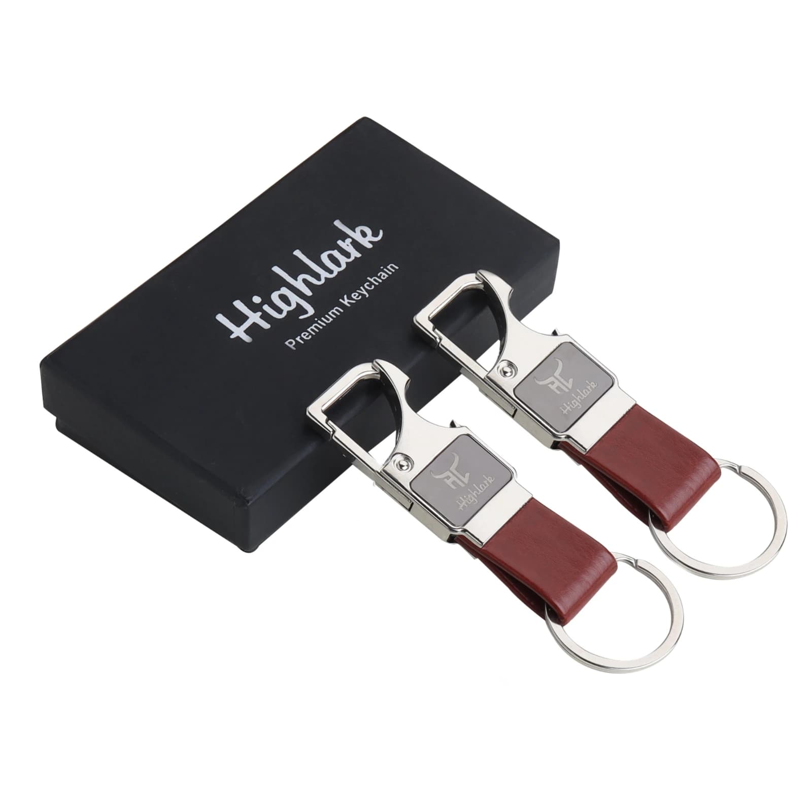 Highlark Premium Metal & Leather Keychain Combo – Pack of 2 with Gift Box (Chestnut Brown) 3
