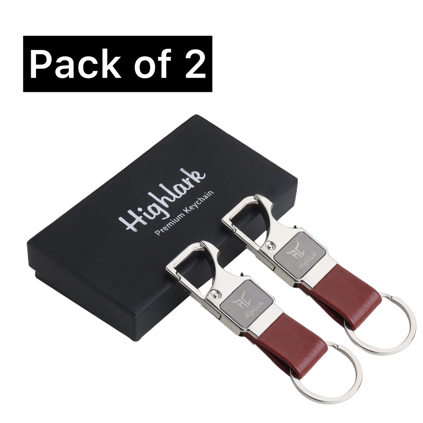Highlark Premium Metal & Leather Keychain Combo – Pack of 2 with Gift Box (Chestnut Brown) 1
