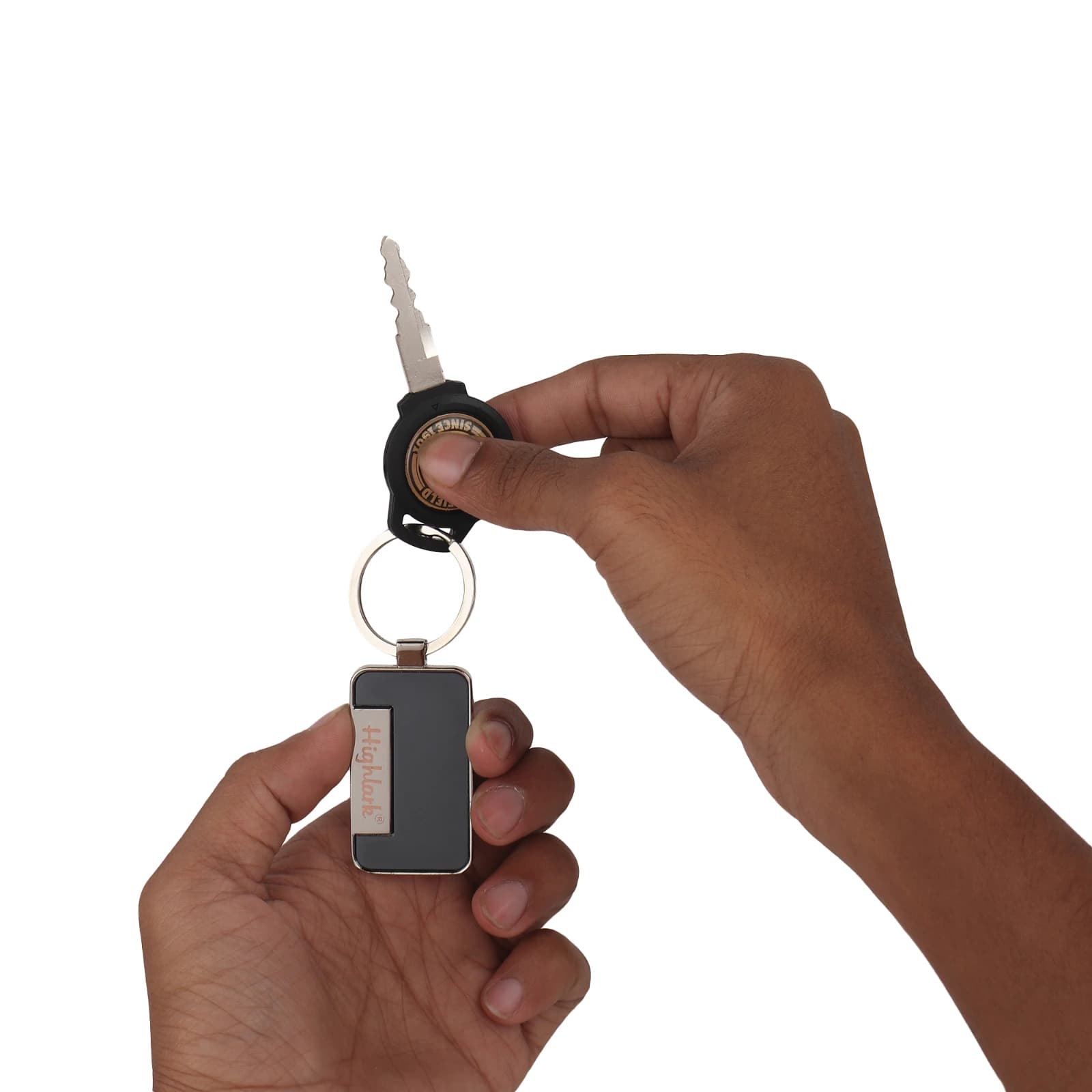 Highlark Slim Rectangular Metal Keychain – Matte Gunmetal & Polished Silver 3