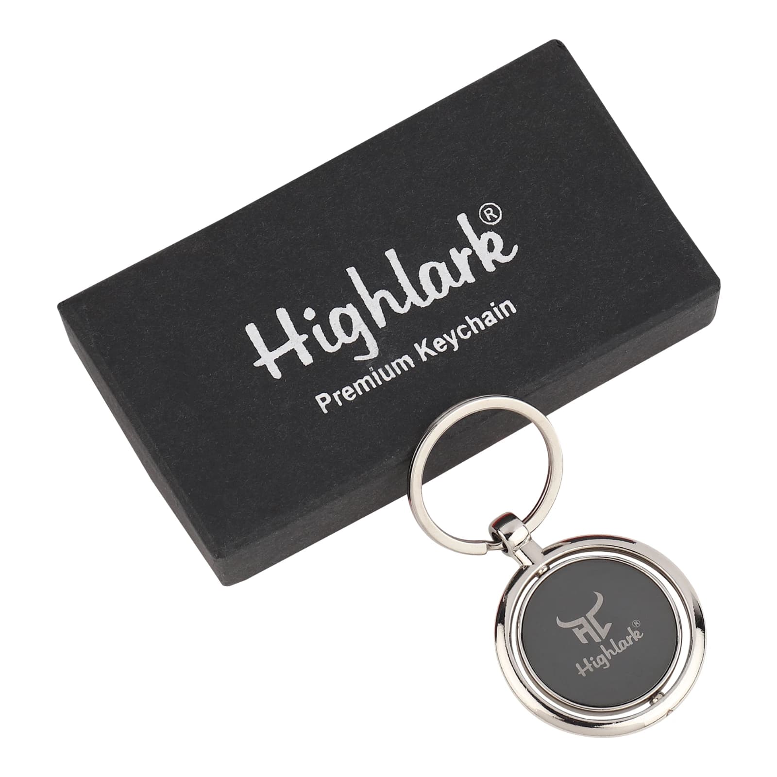 Highlark Rotating Round Metal Medallion Keychain – Polished Silver & Matte Black 3