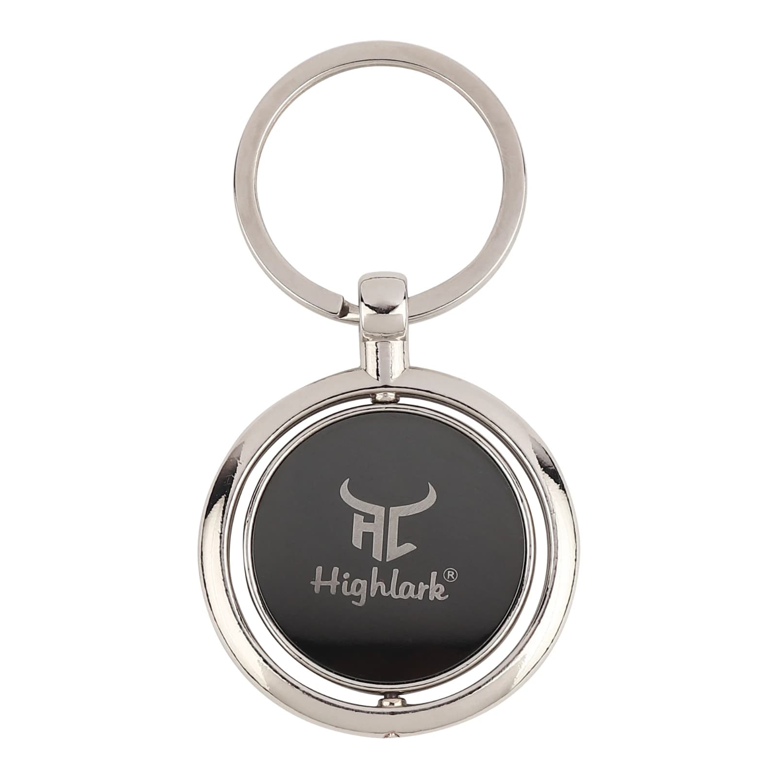 Highlark Rotating Round Metal Medallion Keychain – Polished Silver & Matte Black 2