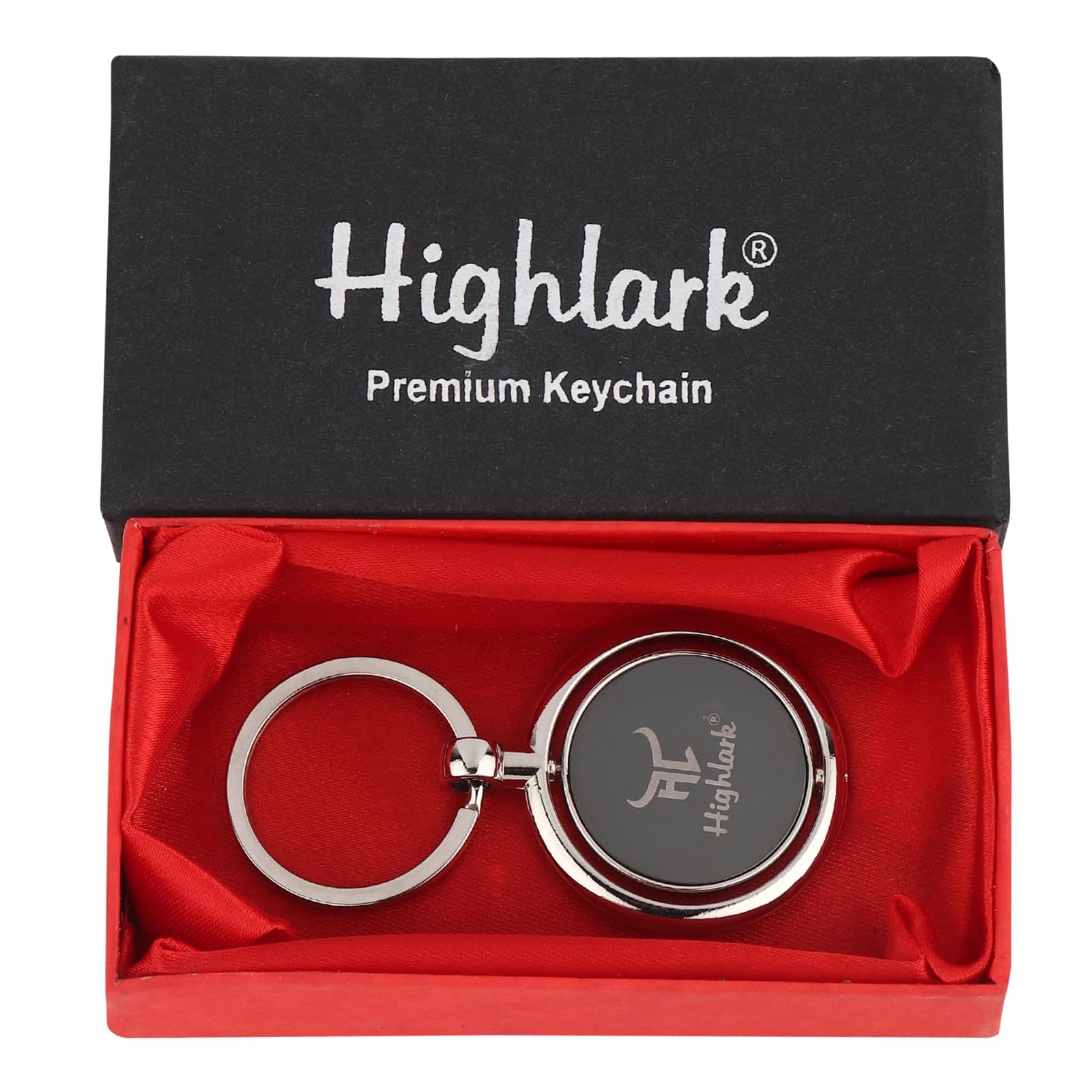 Highlark Rotating Round Metal Medallion Keychain – Polished Silver & Matte Black 5