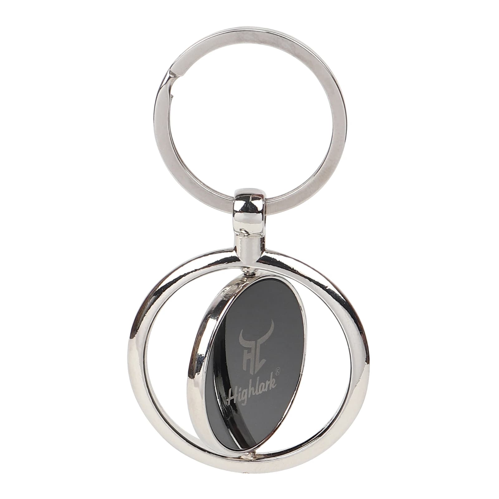 Highlark Rotating Round Metal Medallion Keychain – Polished Silver & Matte Black 1