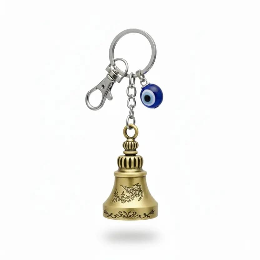 Highlark Evil Eye & Vintage Brass Bell Keychain – Protection Charm Keyring with Lobster Clasp 1