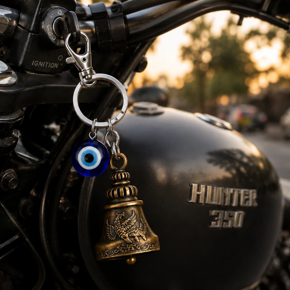 Highlark Evil Eye & Vintage Brass Bell Keychain – Protection Charm Keyring with Lobster Clasp 5