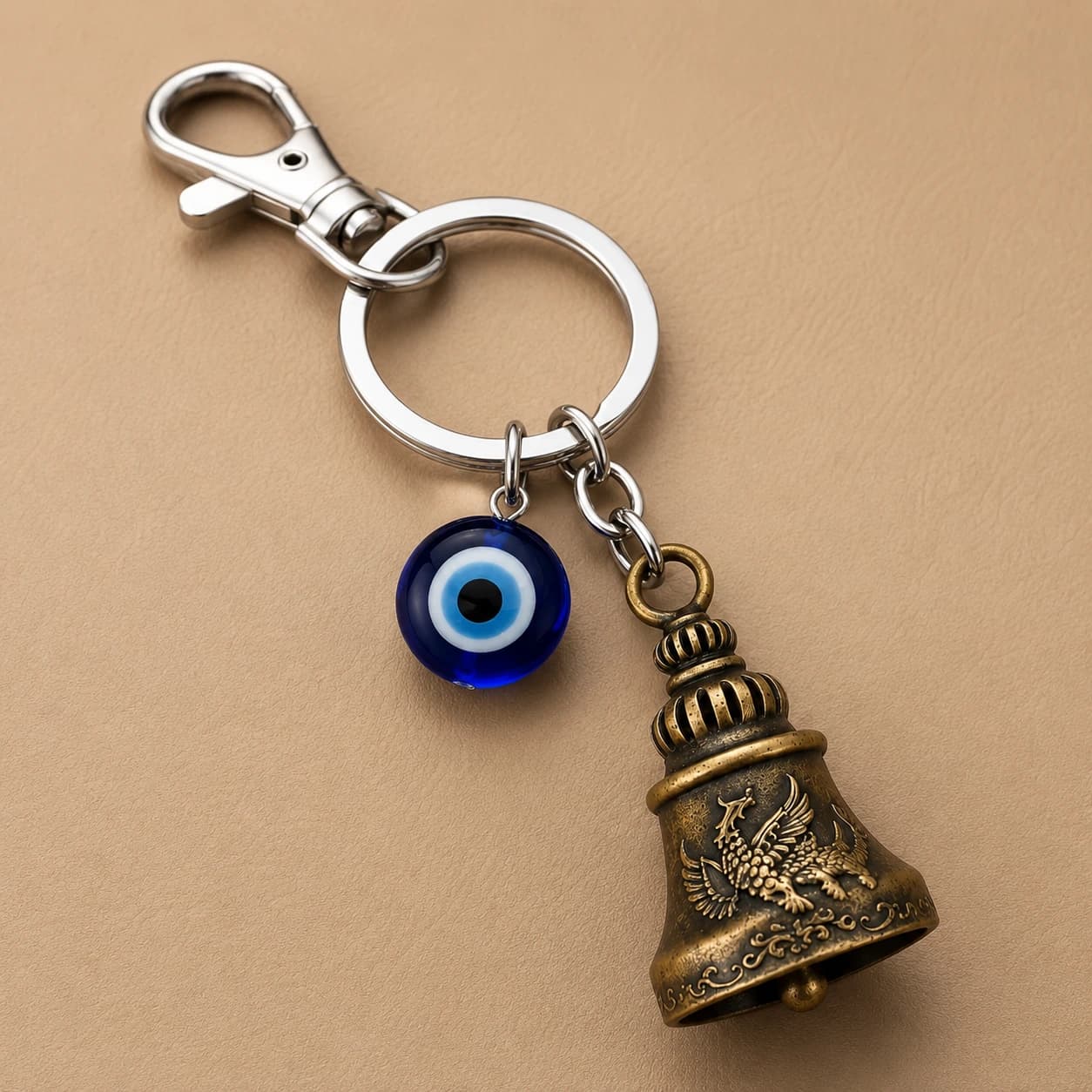 Highlark Evil Eye & Vintage Brass Bell Keychain – Protection Charm Keyring with Lobster Clasp 3