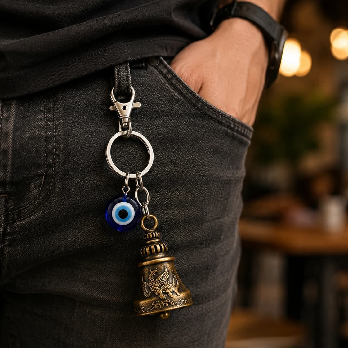 Highlark Evil Eye & Vintage Brass Bell Keychain – Protection Charm Keyring with Lobster Clasp 4