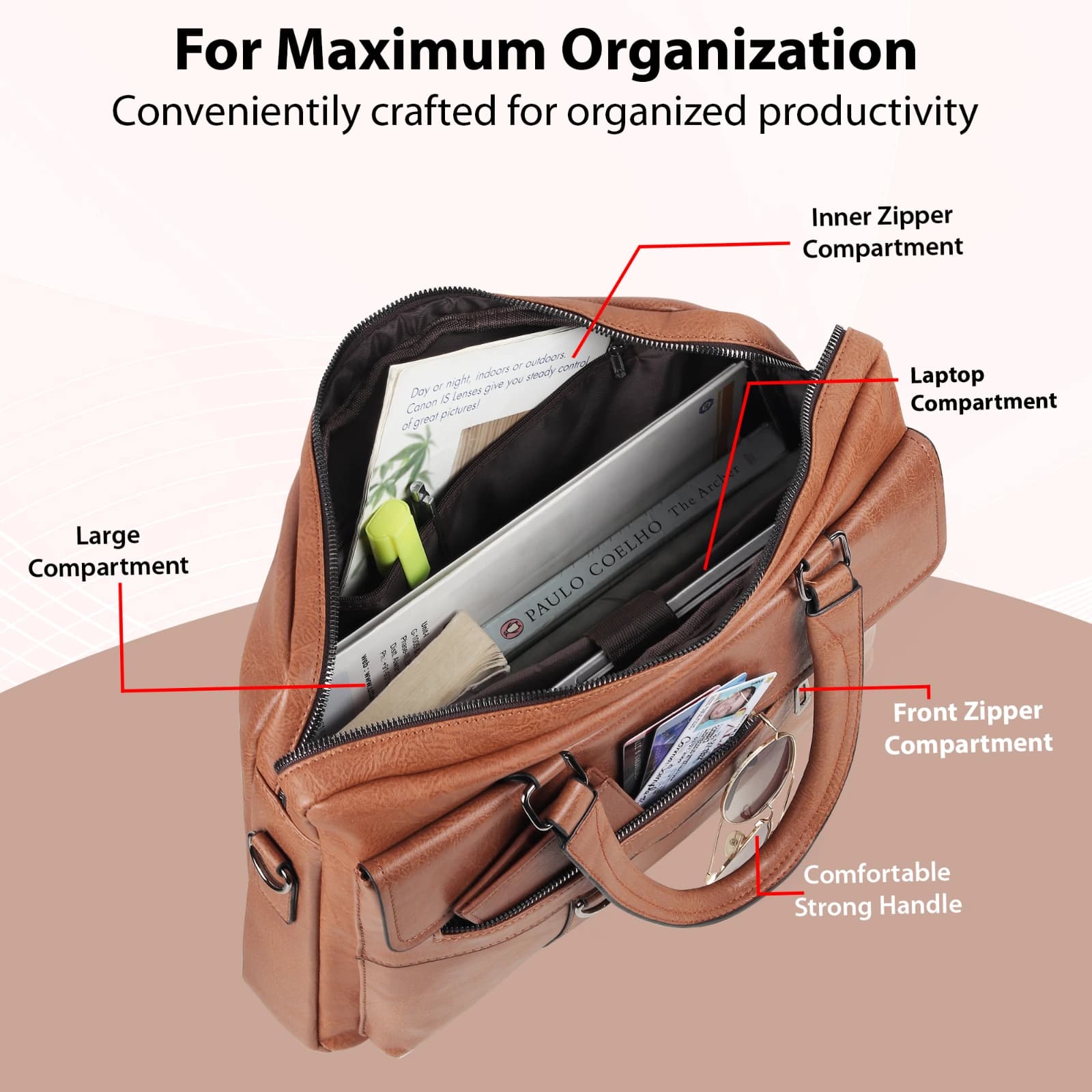 Highlark Executive Leather Laptop Messenger Bag with Flap Pocket & Adjustable Strap – Tan Brown 5