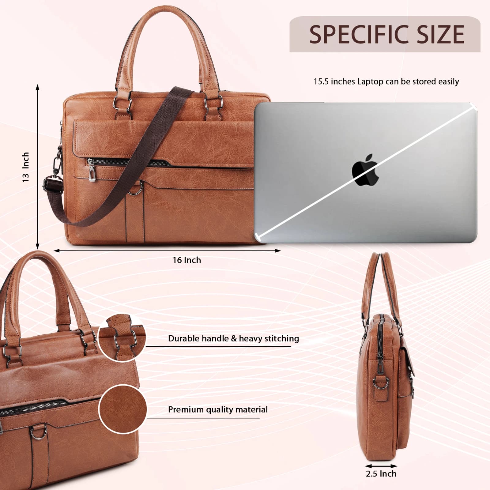 Highlark Executive Leather Laptop Messenger Bag with Flap Pocket & Adjustable Strap – Tan Brown 2