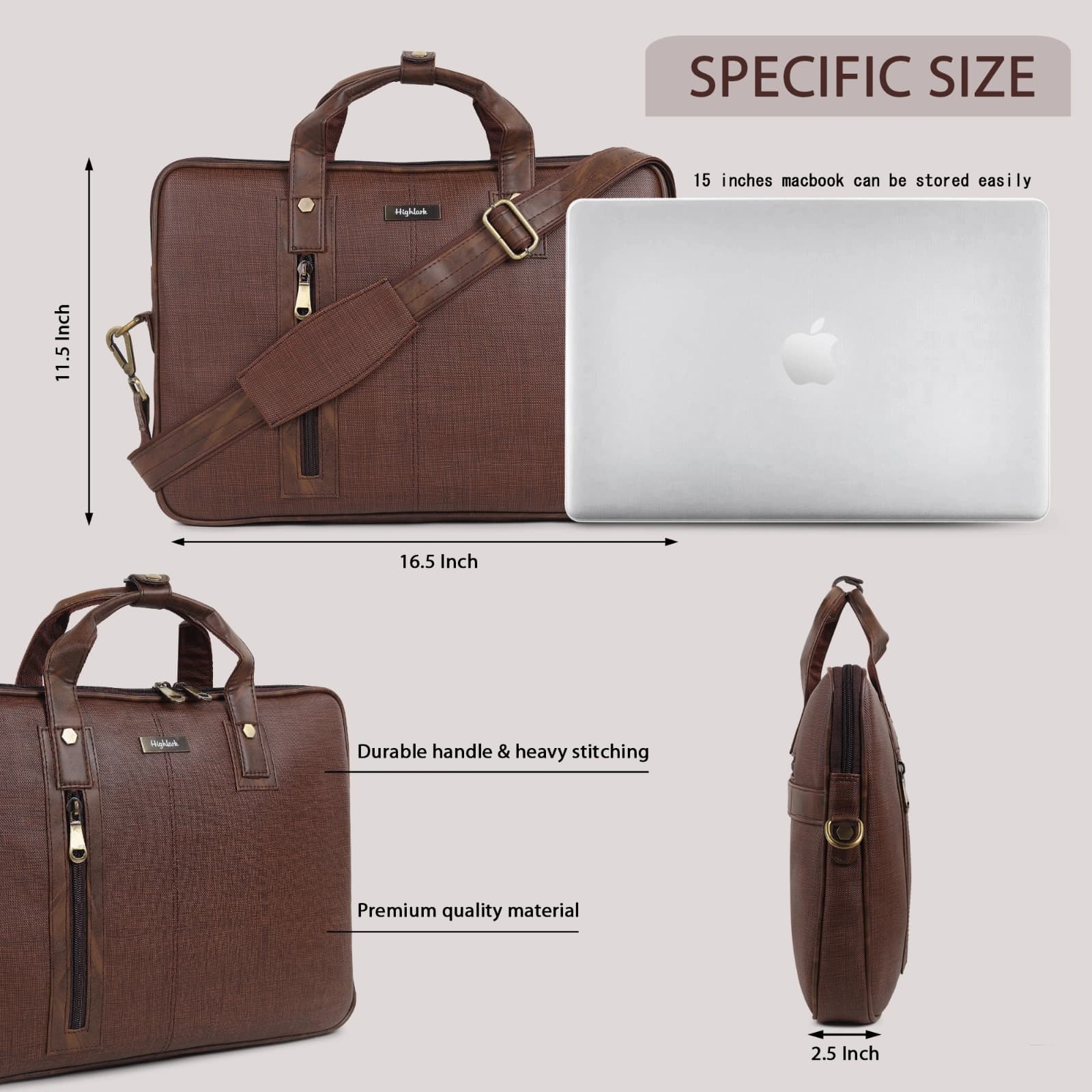 Highlark Ultra-Slim Cross-Hatch Textured Leather Laptop Briefcase – Espresso Brown 2