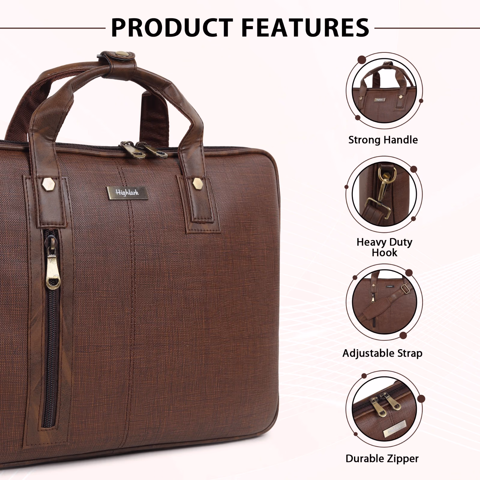 Highlark Ultra-Slim Cross-Hatch Textured Leather Laptop Briefcase – Espresso Brown 3