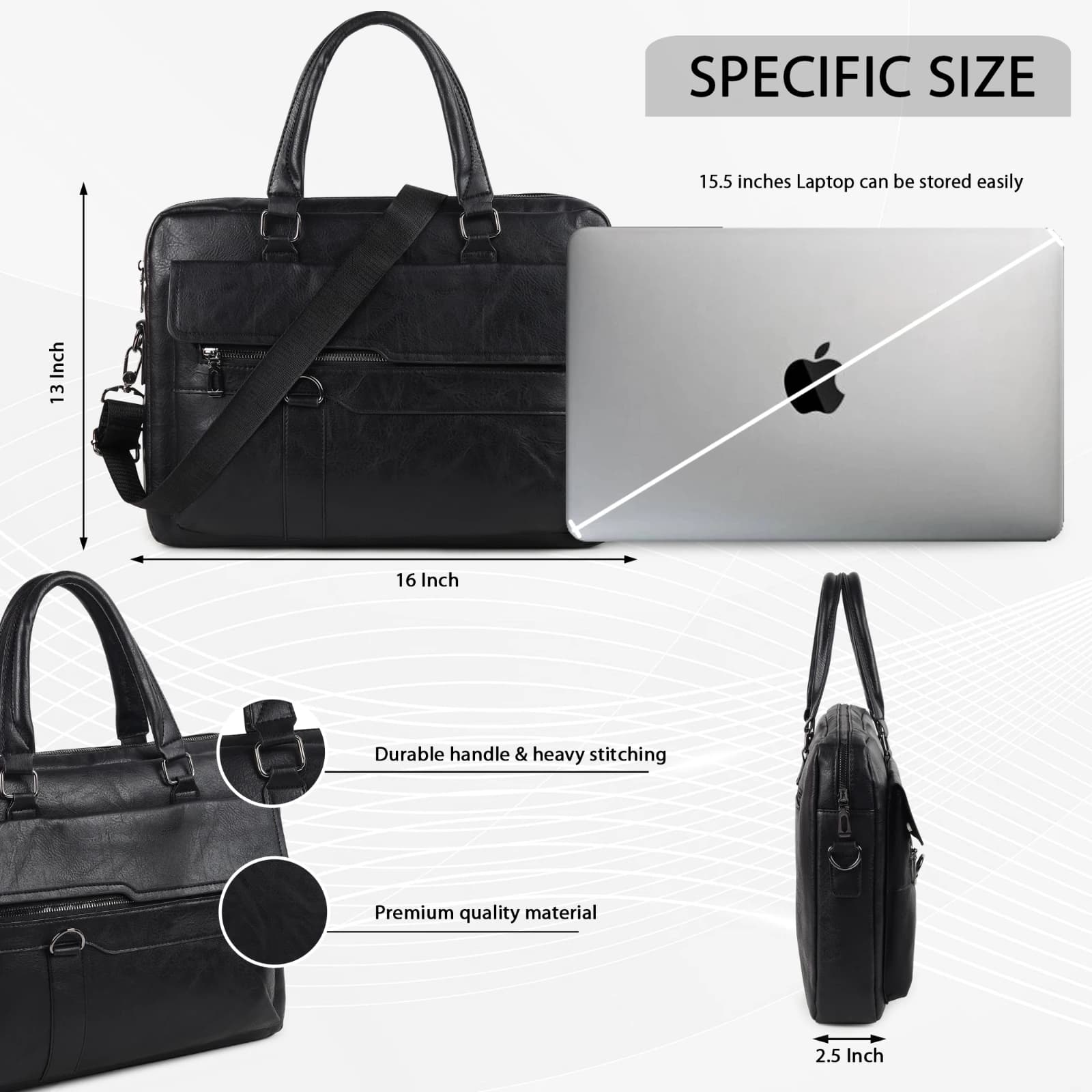 Highlark Executive Leather Laptop Messenger Bag with Flap Pocket & Shoulder Strap – Jet Black 4