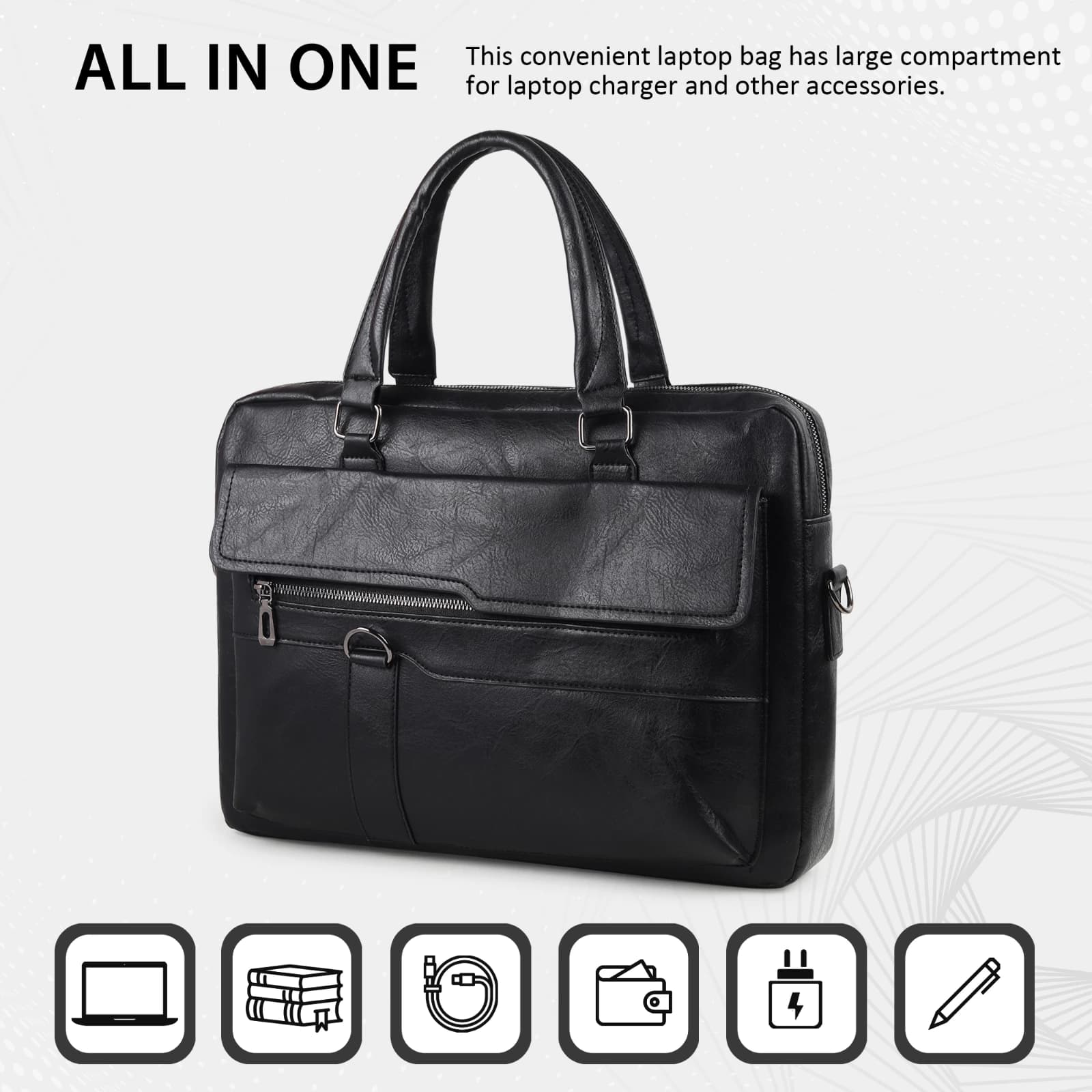Highlark Executive Leather Laptop Messenger Bag with Flap Pocket & Shoulder Strap – Jet Black 2