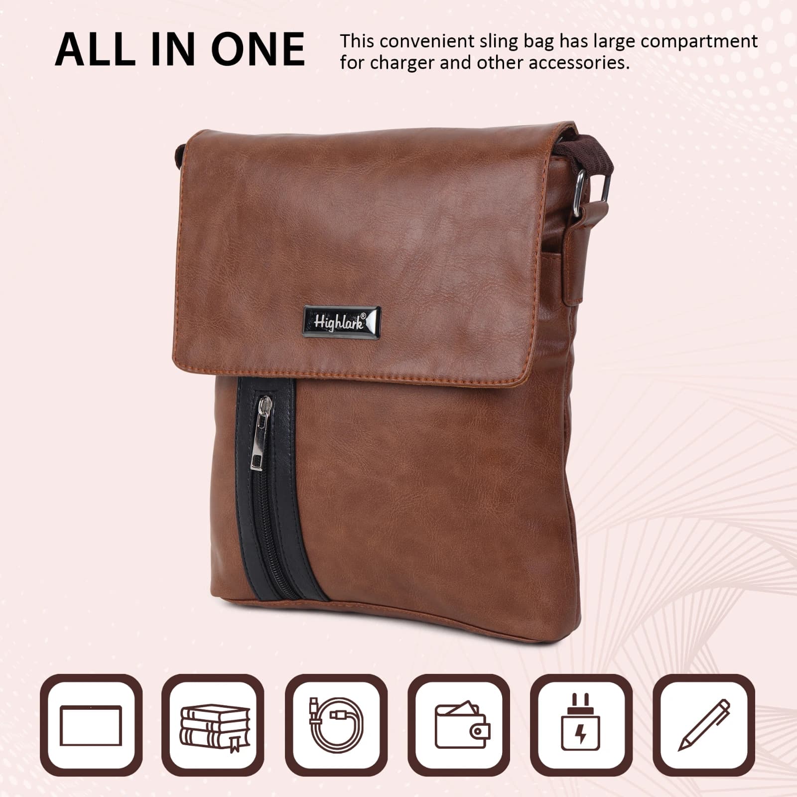 Highlark Compact Leather Crossbody Messenger Bag with Front Flap & Adjustable Strap – Chestnut Brown 2