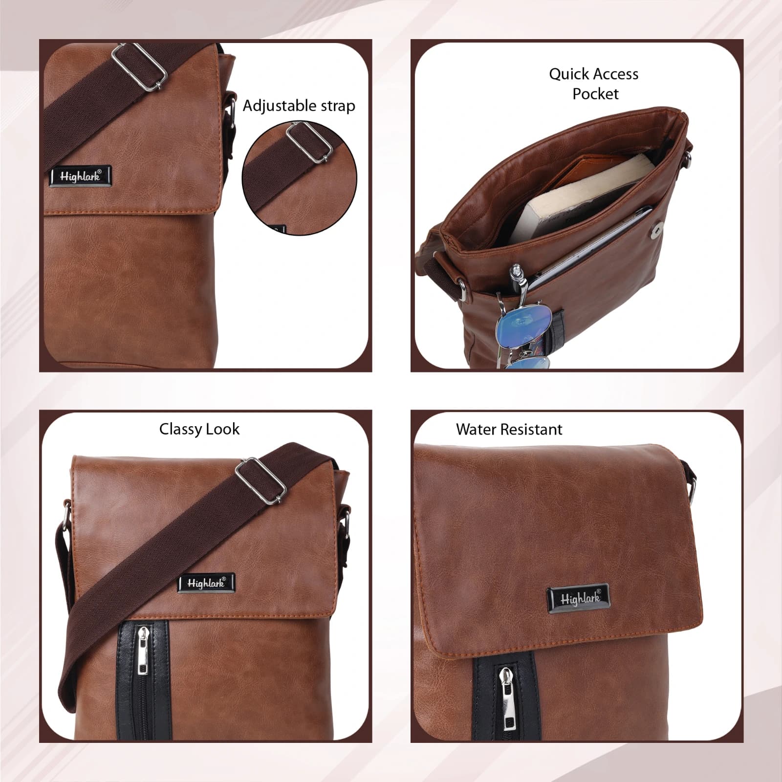 Highlark Compact Leather Crossbody Messenger Bag with Front Flap & Adjustable Strap – Chestnut Brown 4