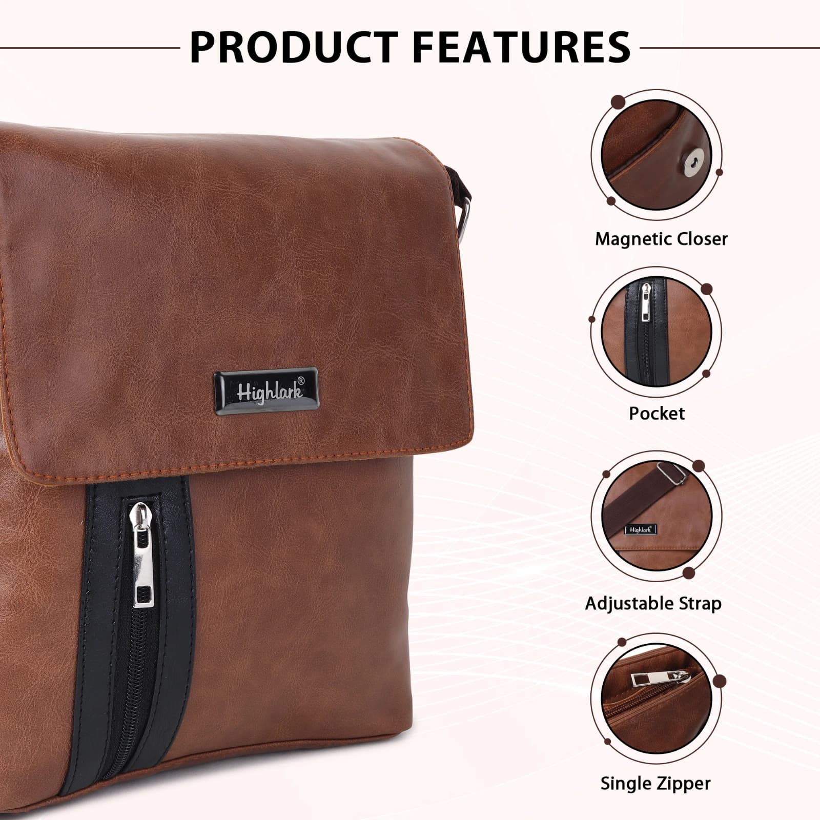 Highlark Compact Leather Crossbody Messenger Bag with Front Flap & Adjustable Strap – Chestnut Brown 3