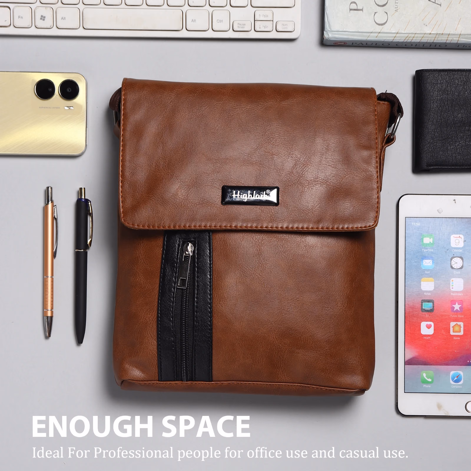 Highlark Compact Leather Crossbody Messenger Bag with Front Flap & Adjustable Strap – Chestnut Brown 6