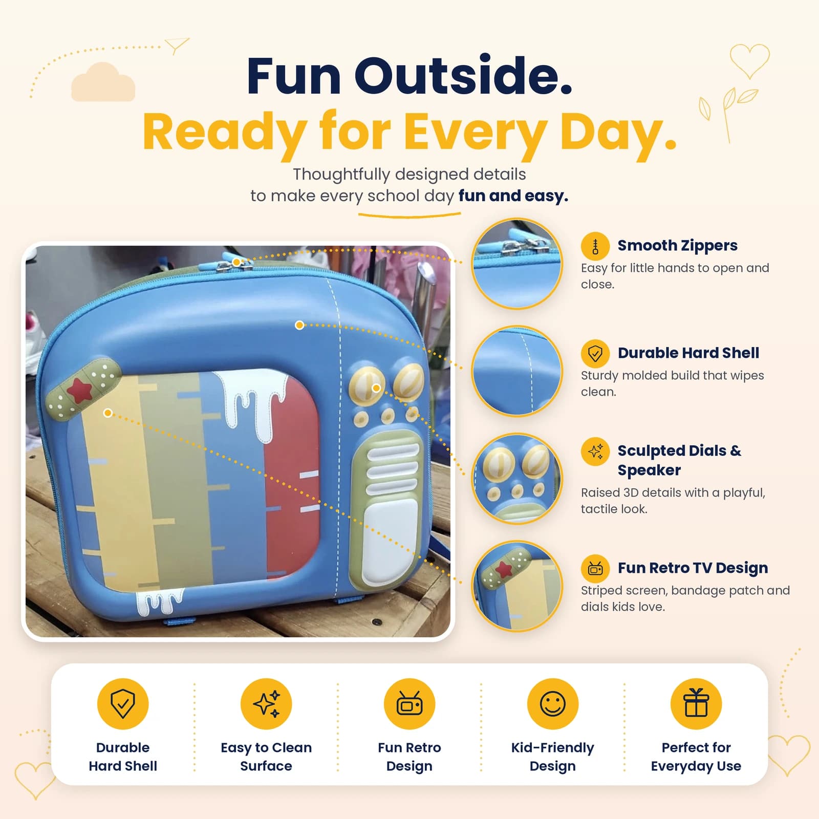 Highlark Kids Retro Television Hardshell Backpack & Travel Bag – Blue 3