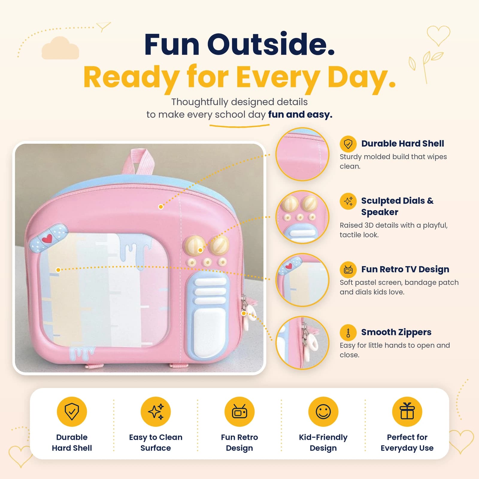 Highlark Kids Retro Television Hardshell Backpack & Travel Bag – Pastel Pink 2