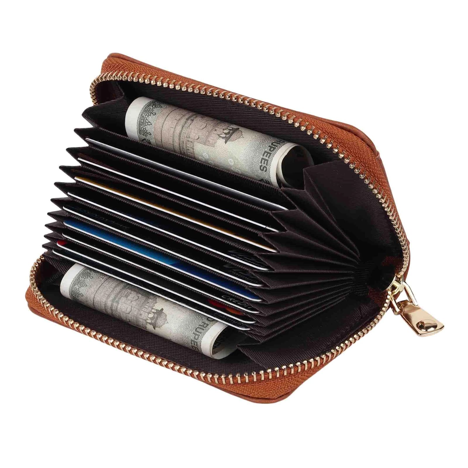 Highlark Accordion Zip-Around Leather Card Holder Wallet – Classic Tan Brown 7