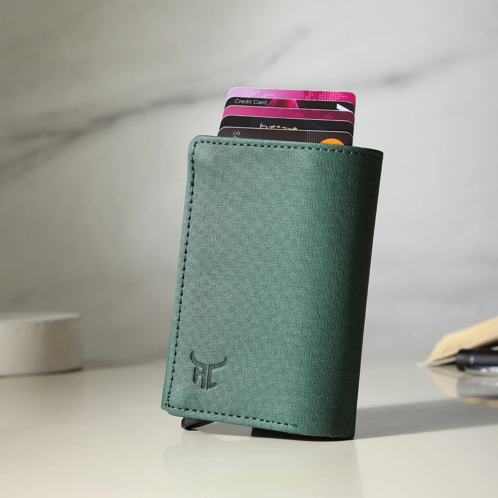 Website Title (H1 / Product Header): Highlark Automatic Pop-Up RFID Blocking Smart Wallet & Card Holder – Sage Green 1