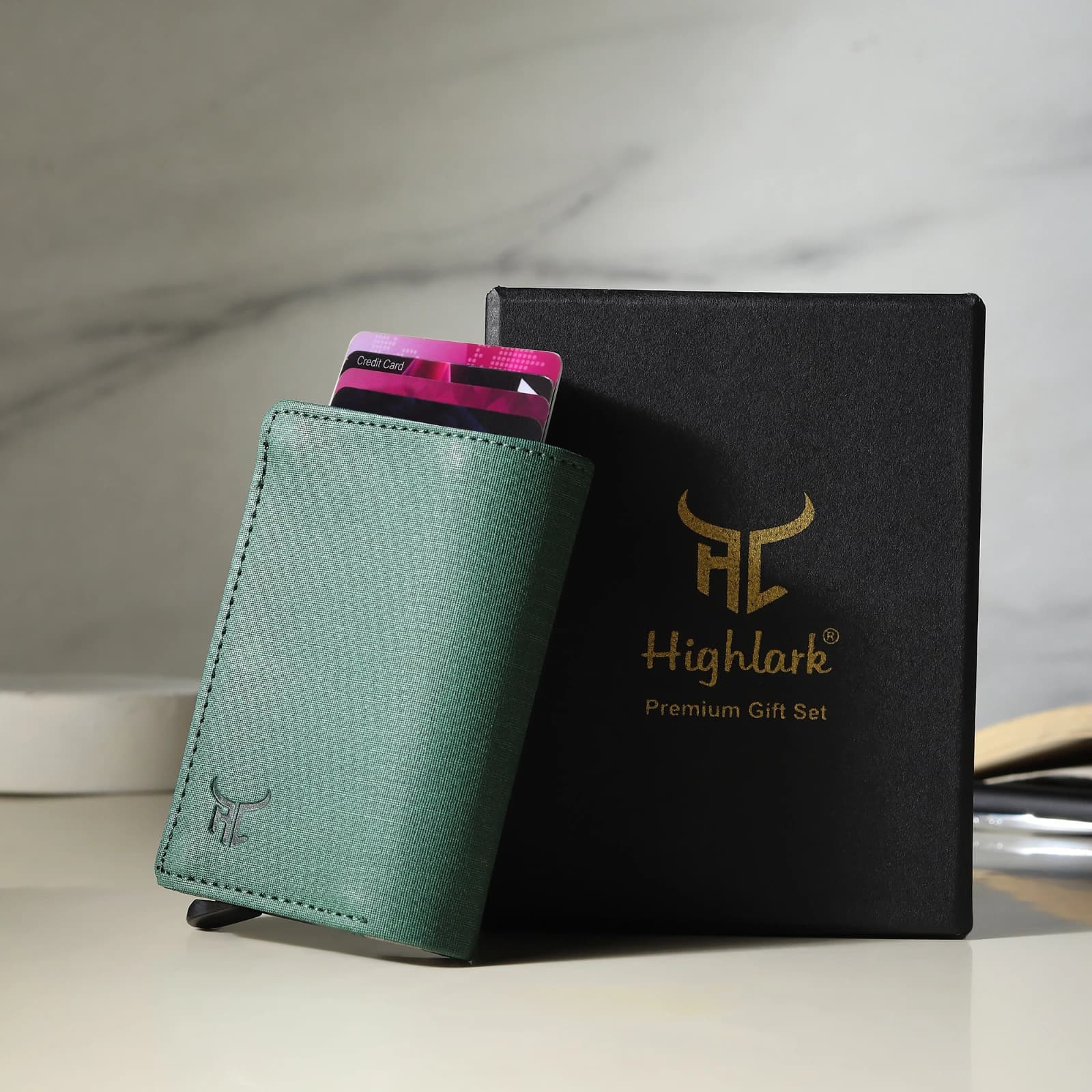 Website Title (H1 / Product Header): Highlark Automatic Pop-Up RFID Blocking Smart Wallet & Card Holder – Sage Green 4