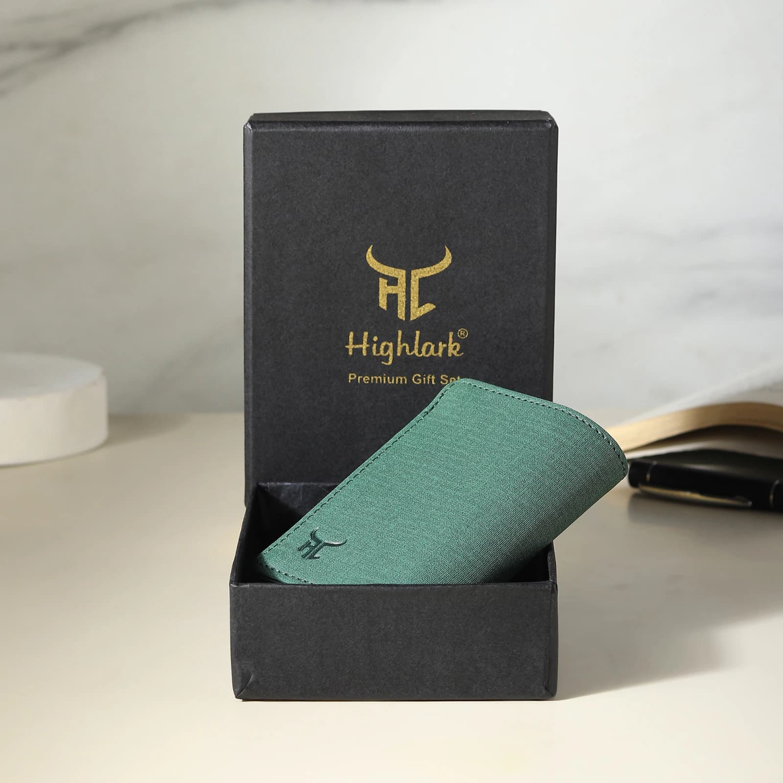 Website Title (H1 / Product Header): Highlark Automatic Pop-Up RFID Blocking Smart Wallet & Card Holder – Sage Green 6
