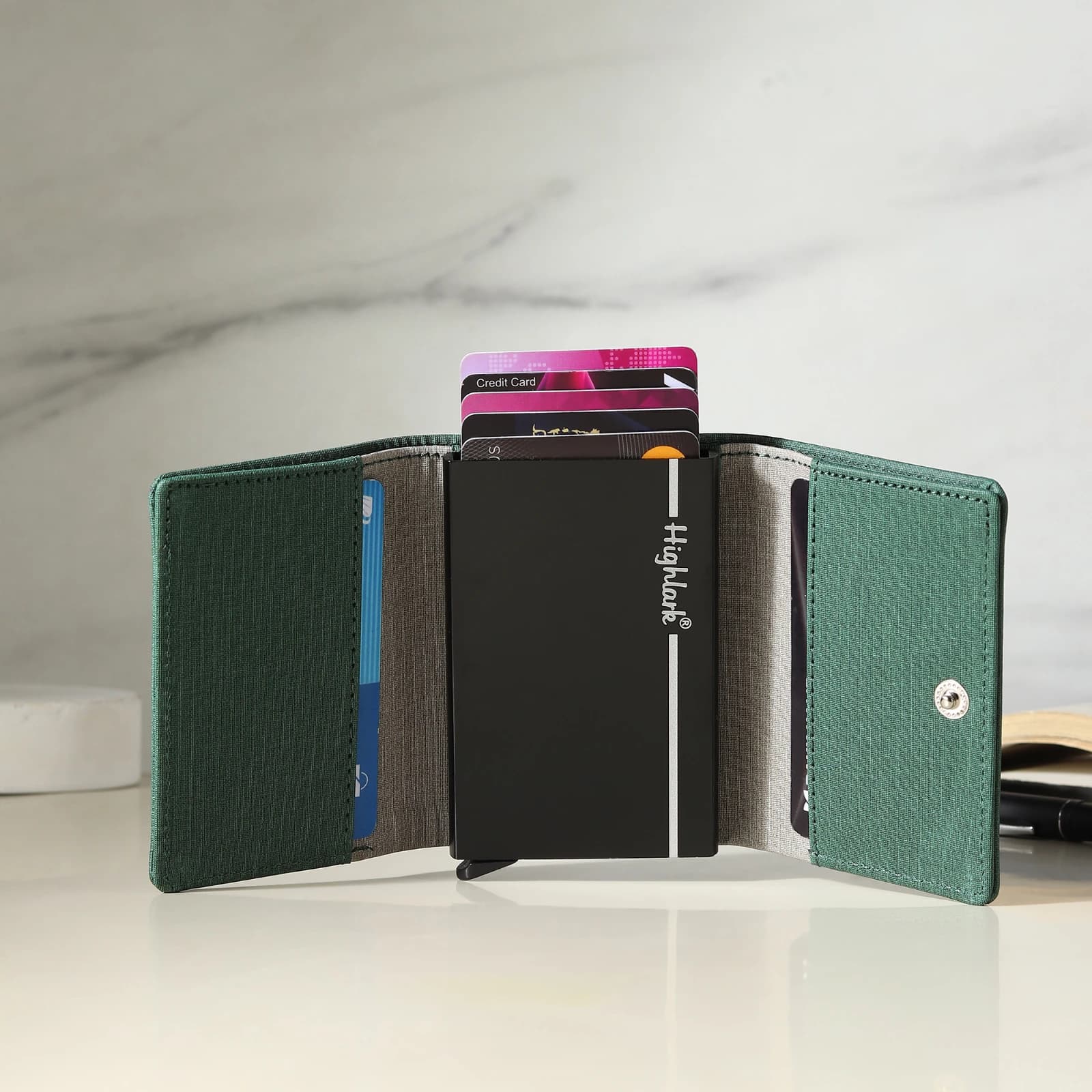 Website Title (H1 / Product Header): Highlark Automatic Pop-Up RFID Blocking Smart Wallet & Card Holder – Sage Green 5