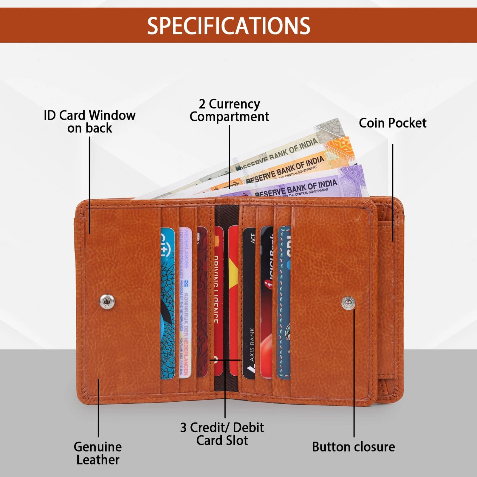 Highlark Slim Leather Trifold Wallet with Clear ID Window – Tan Brown 5