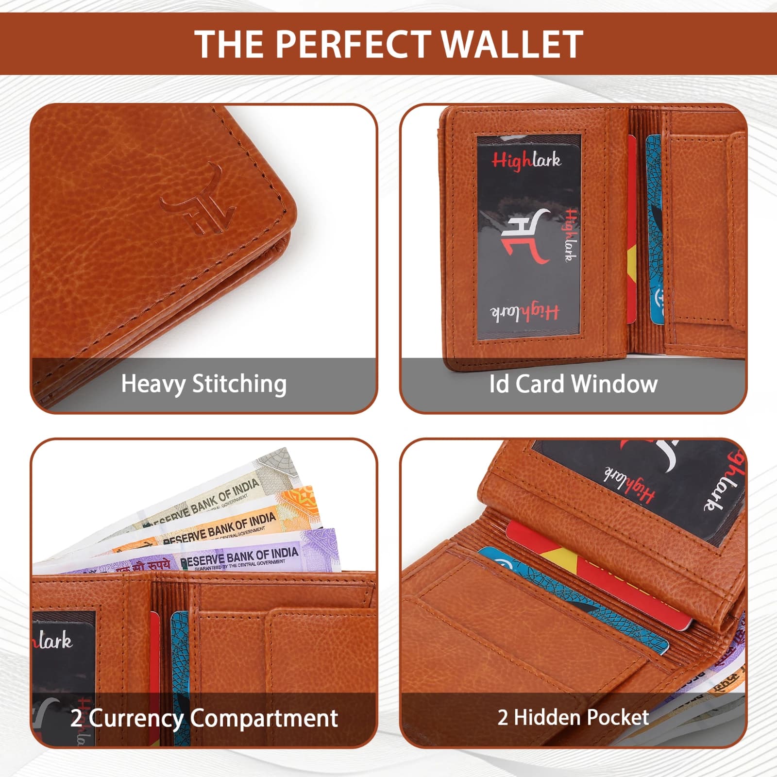 Highlark Slim Leather Trifold Wallet with Clear ID Window – Tan Brown 3