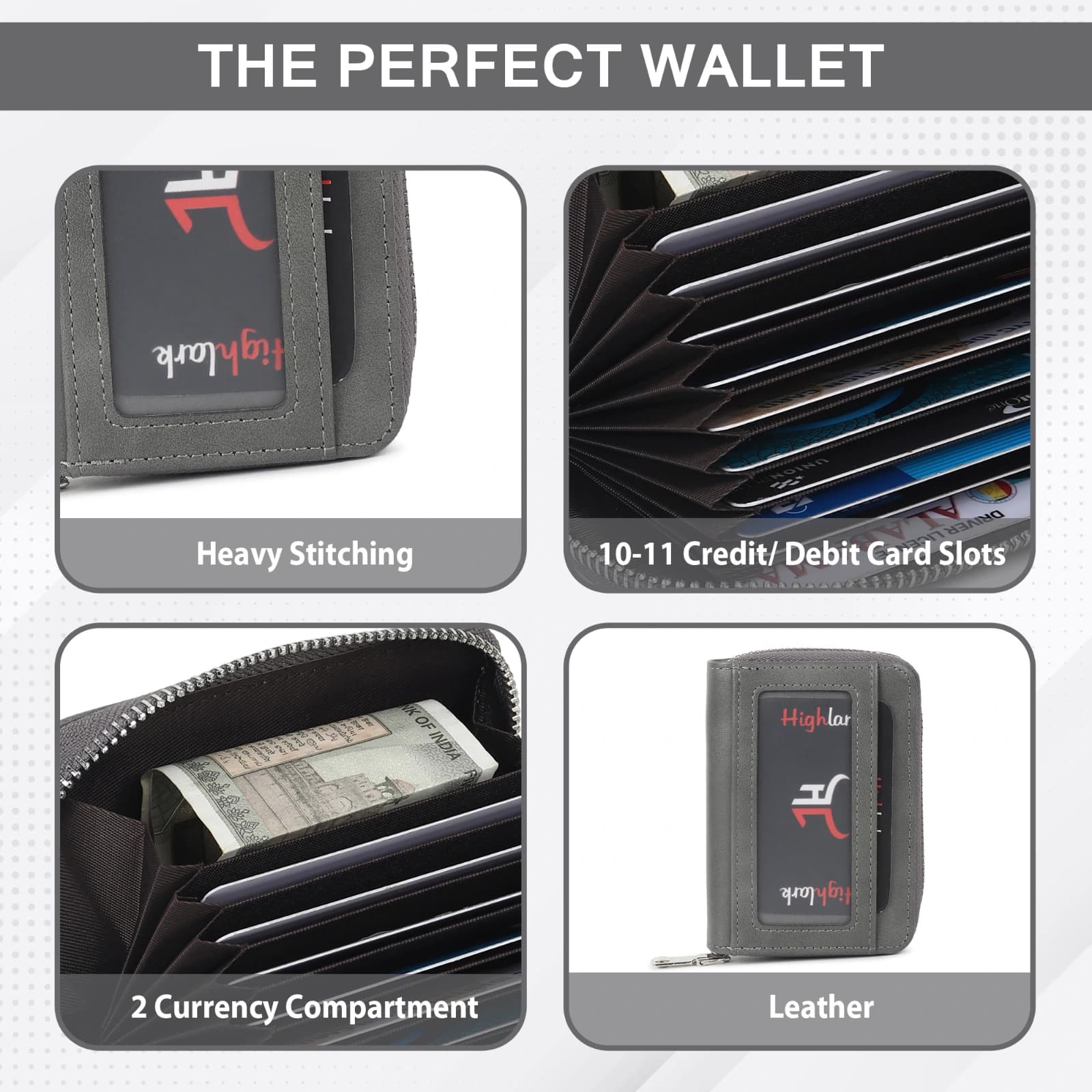 Highlark Zip-Around Leather Card Holder Wallet with Exterior ID Window – Slate Grey 4