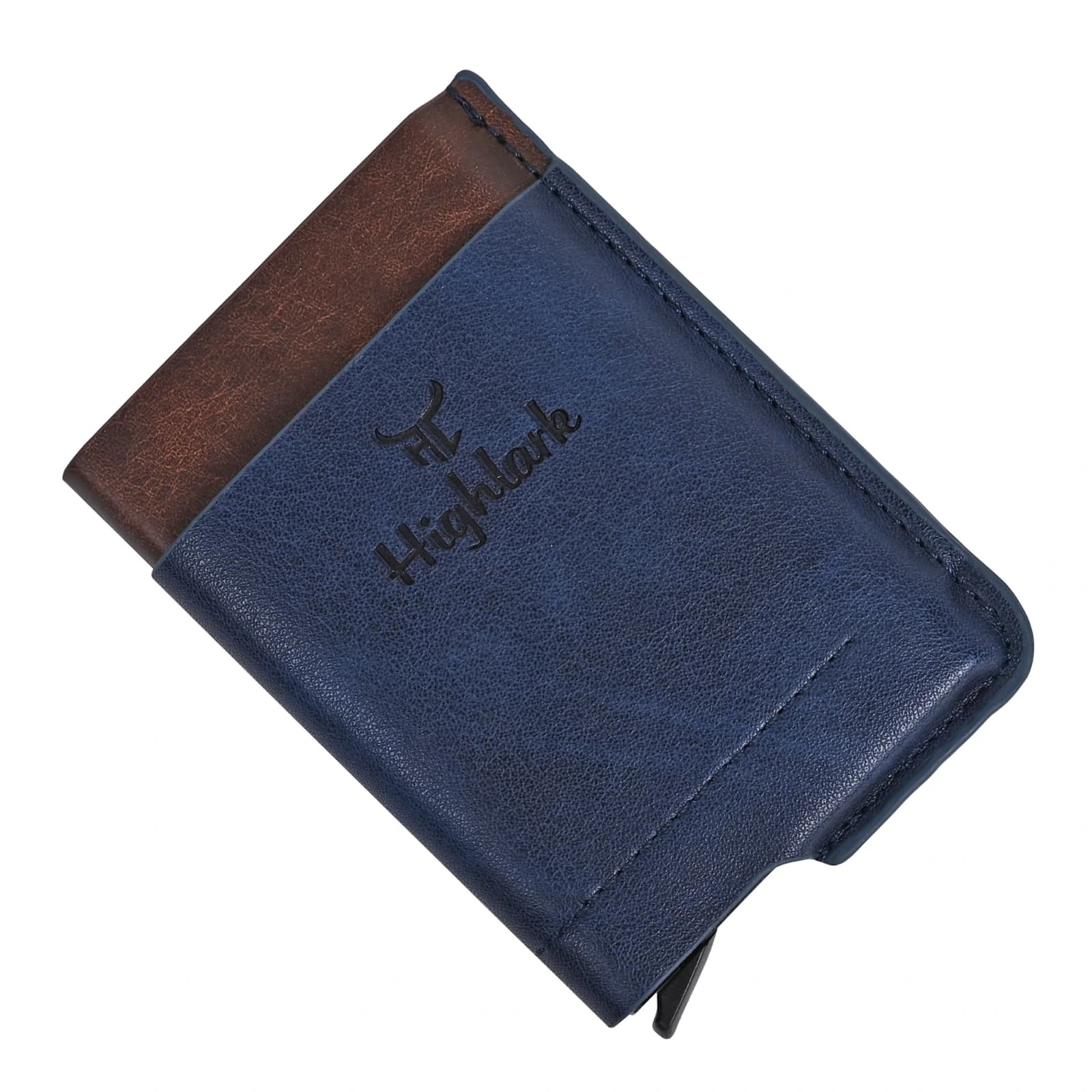 : Highlark Automatic Pop-Up RFID Blocking Smart Wallet & Card Holder – Navy Blue & Walnut Brown 1
