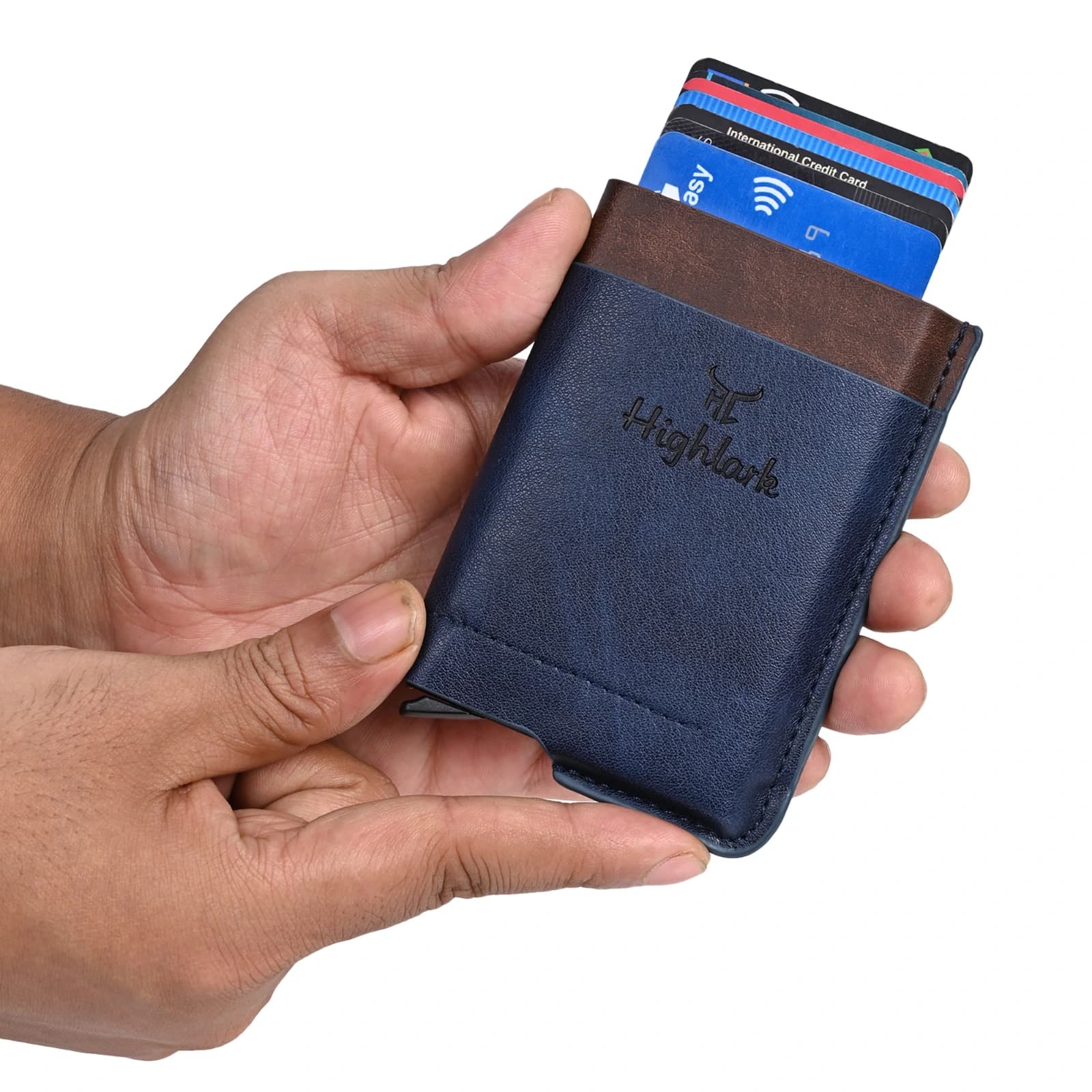 : Highlark Automatic Pop-Up RFID Blocking Smart Wallet & Card Holder – Navy Blue & Walnut Brown 6