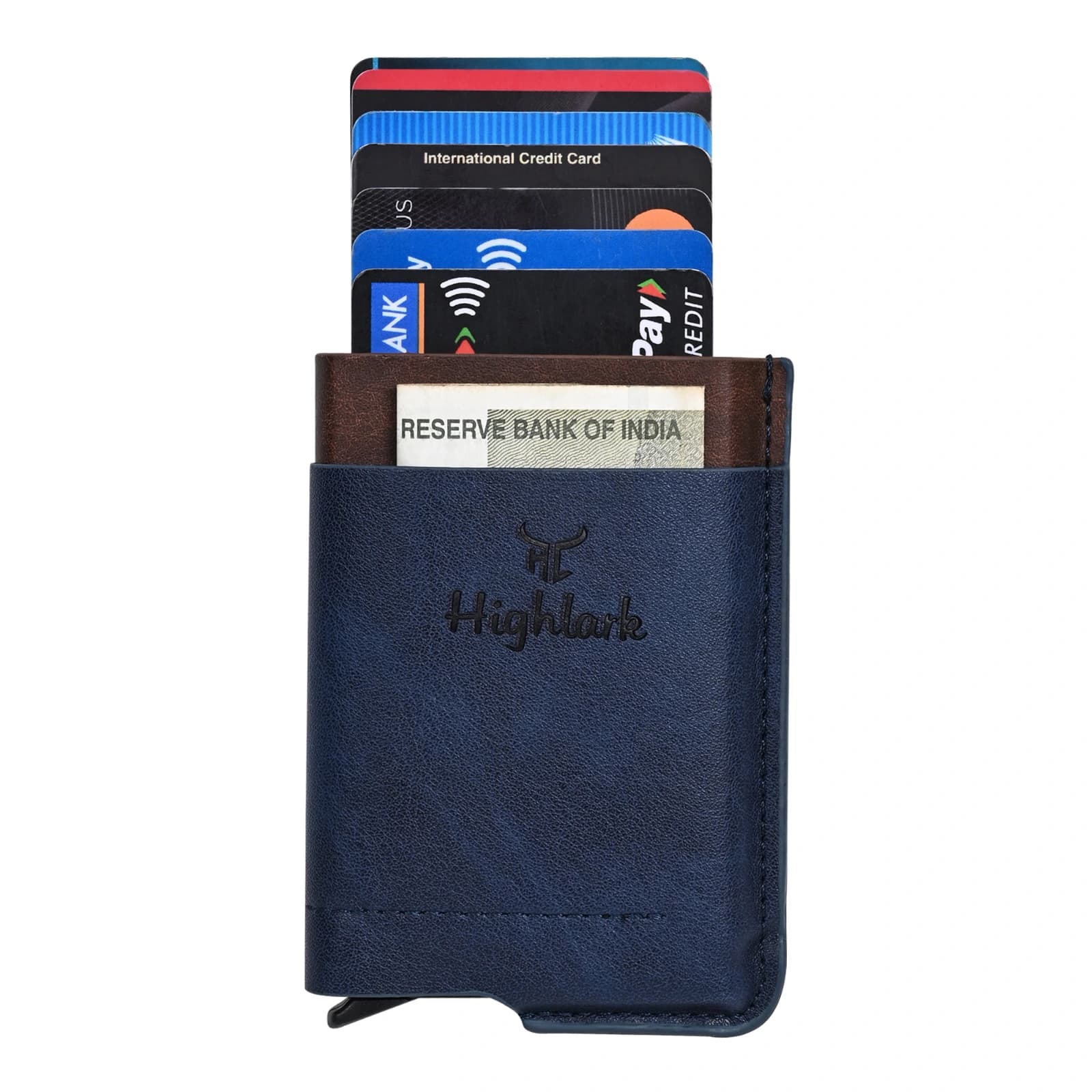 : Highlark Automatic Pop-Up RFID Blocking Smart Wallet & Card Holder – Navy Blue & Walnut Brown 5